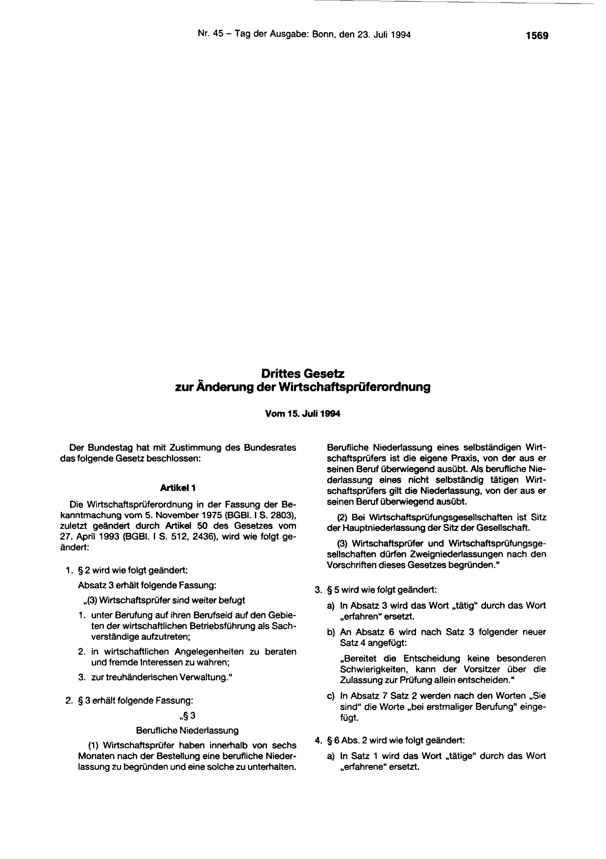 BGBl. 1994, Seite 1569 — Originalseite als Abbildung