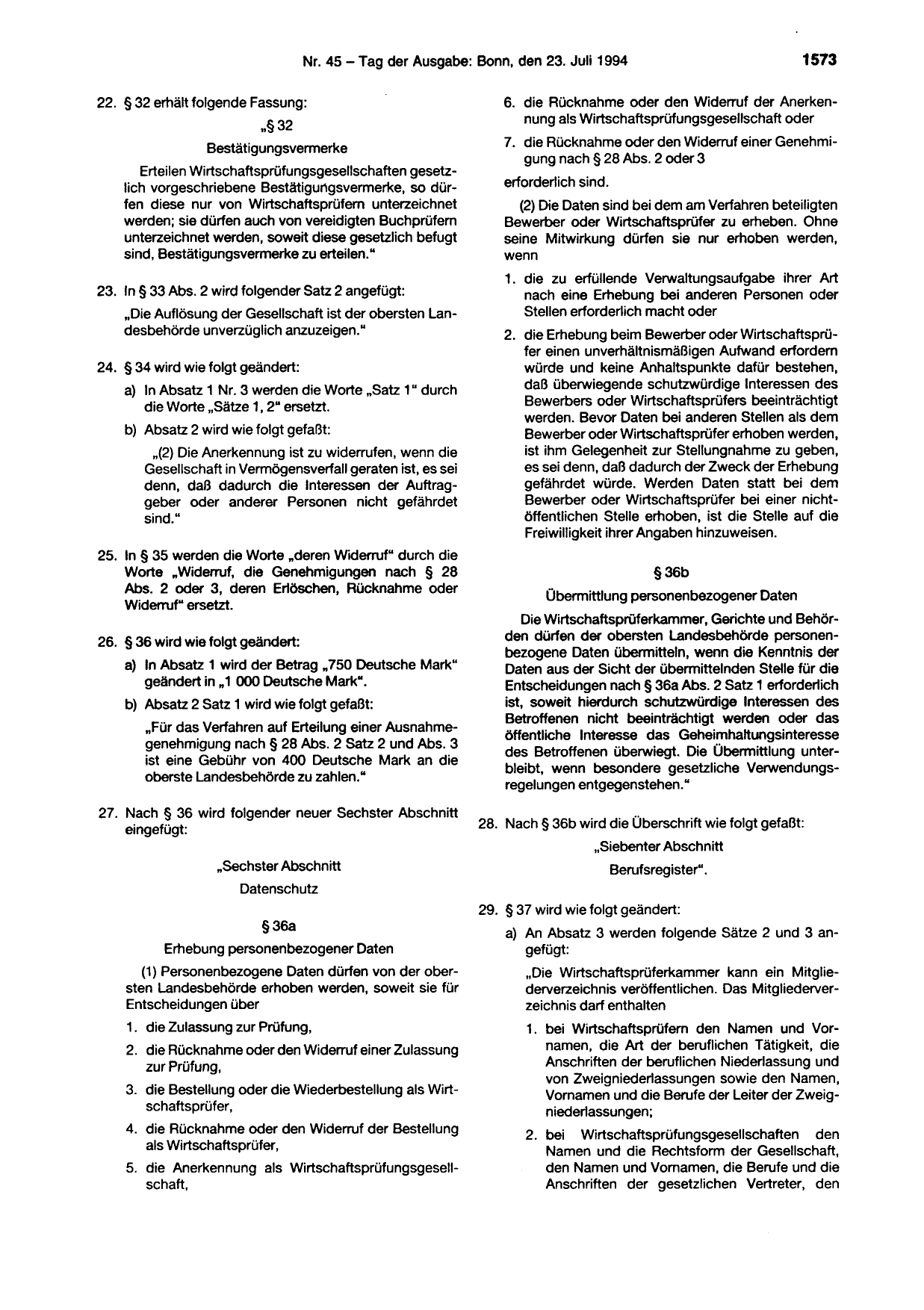 BGBl. 1994, Seite 1573 — Originalseite als Abbildung