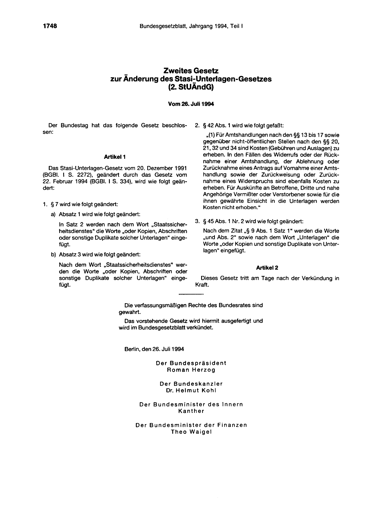 BGBl. 1994, Seite 1748 — Originalseite als Abbildung