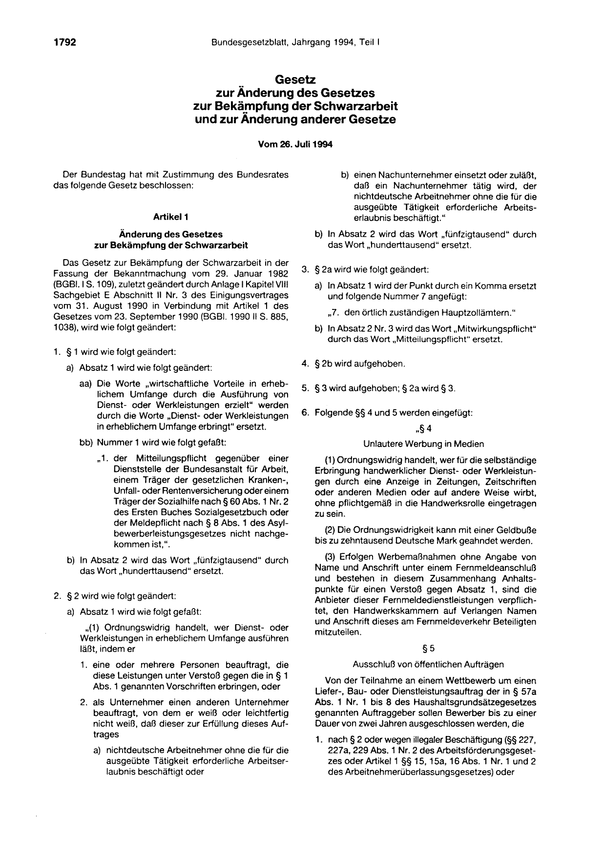 BGBl. 1994, Seite 1792 — Originalseite als Abbildung