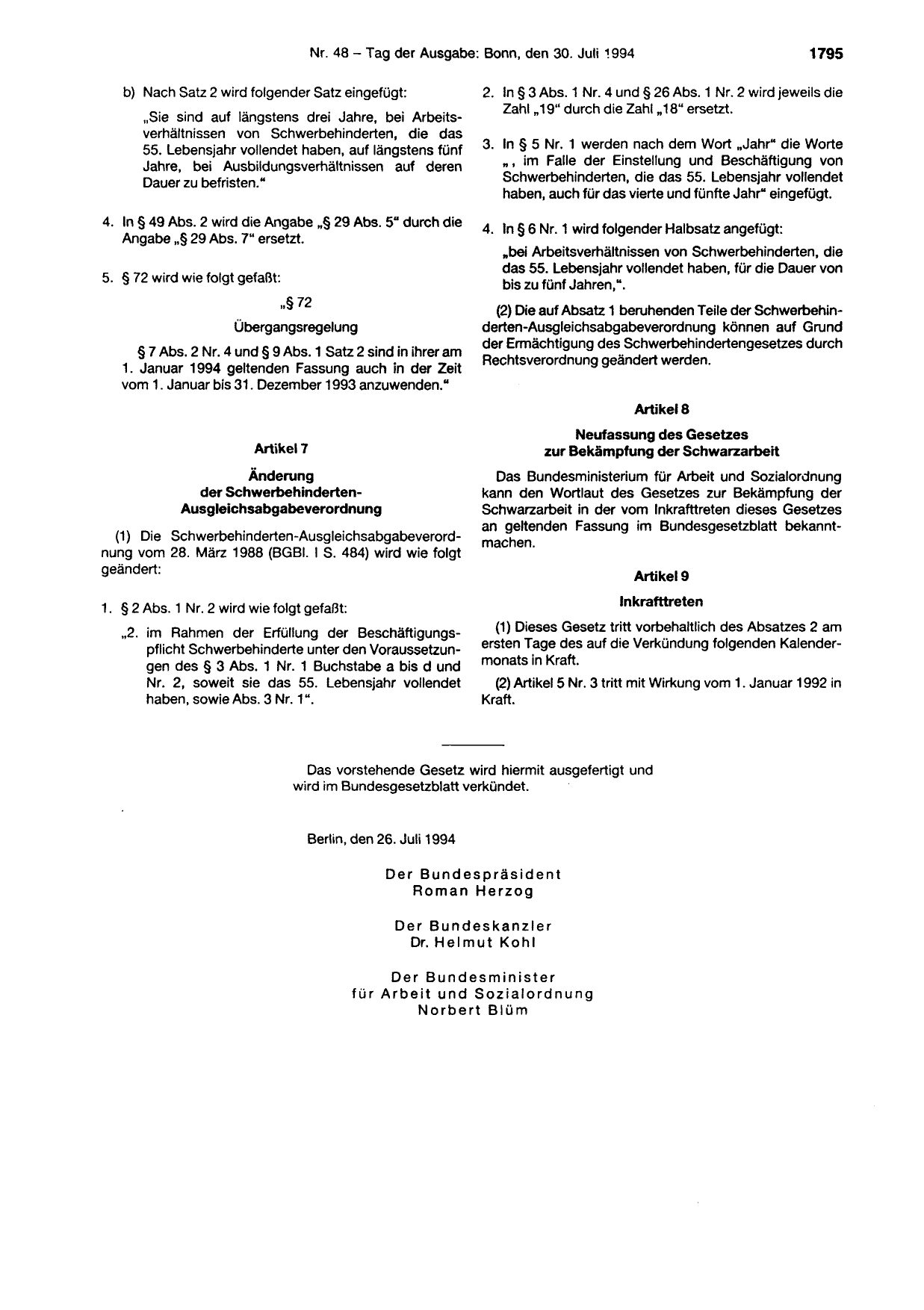 BGBl. 1994, Seite 1795 — Originalseite als Abbildung
