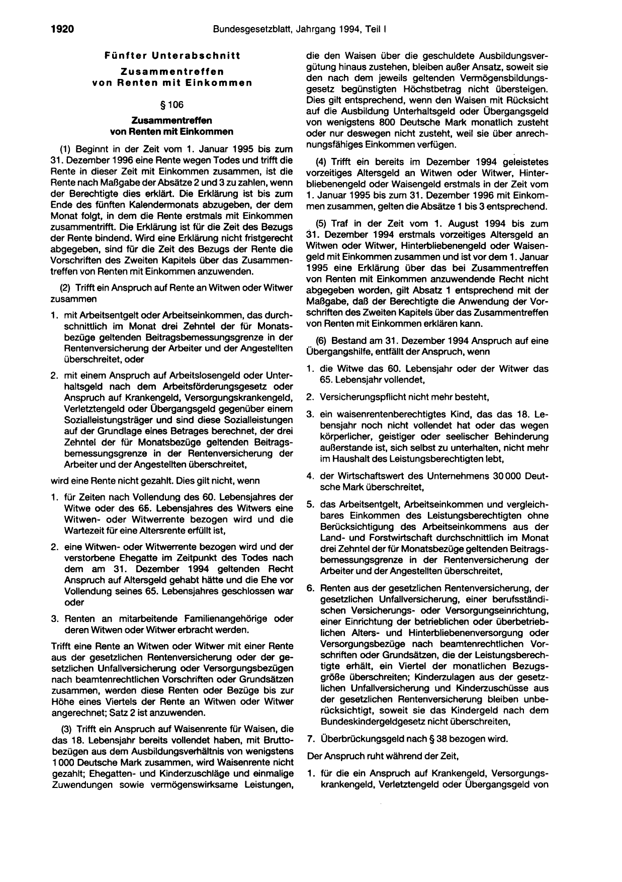 BGBl. 1994, Seite 1920 — Originalseite als Abbildung