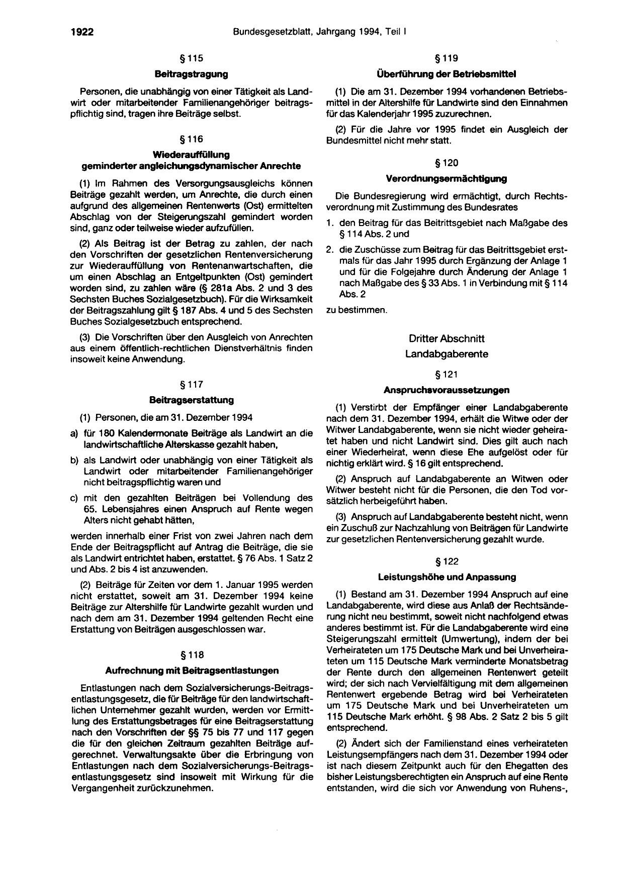BGBl. 1994, Seite 1922 — Originalseite als Abbildung