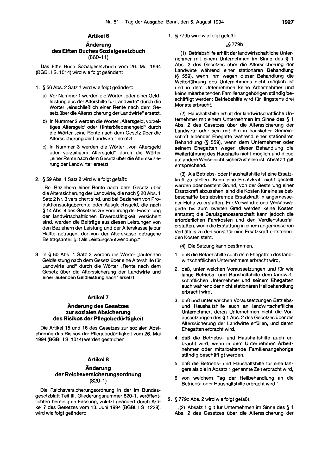 BGBl. 1994, Seite 1927 — Originalseite als Abbildung