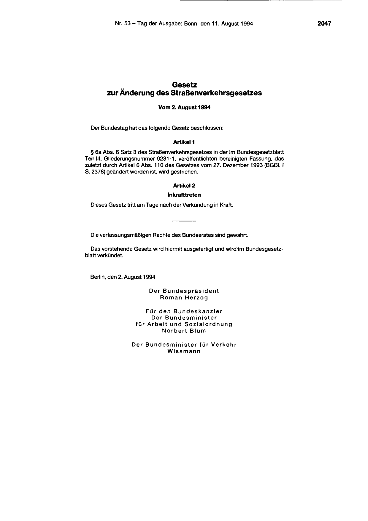 BGBl. 1994, Seite 2047 — Originalseite als Abbildung