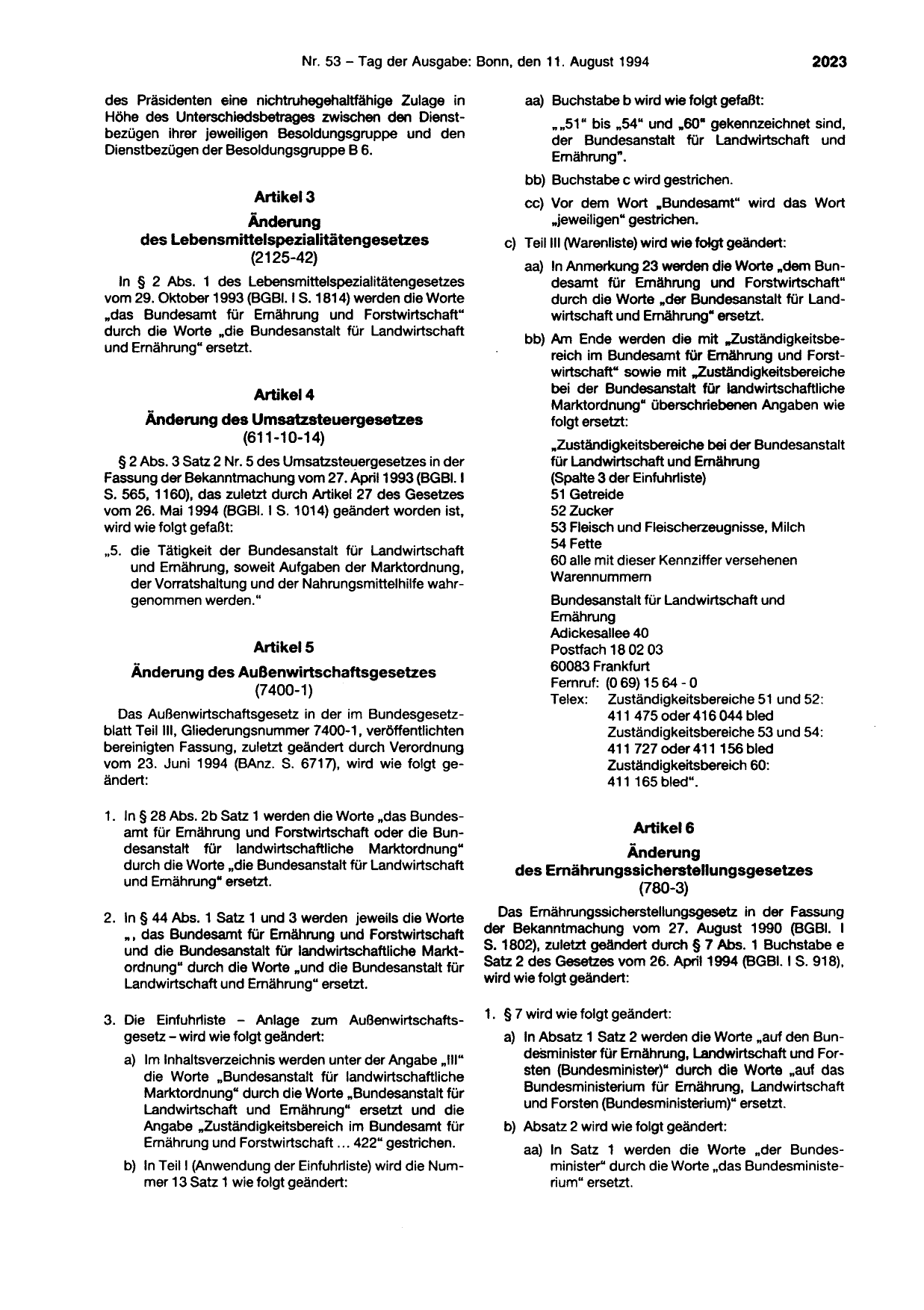 BGBl. 1994, Seite 2023 — Originalseite als Abbildung
