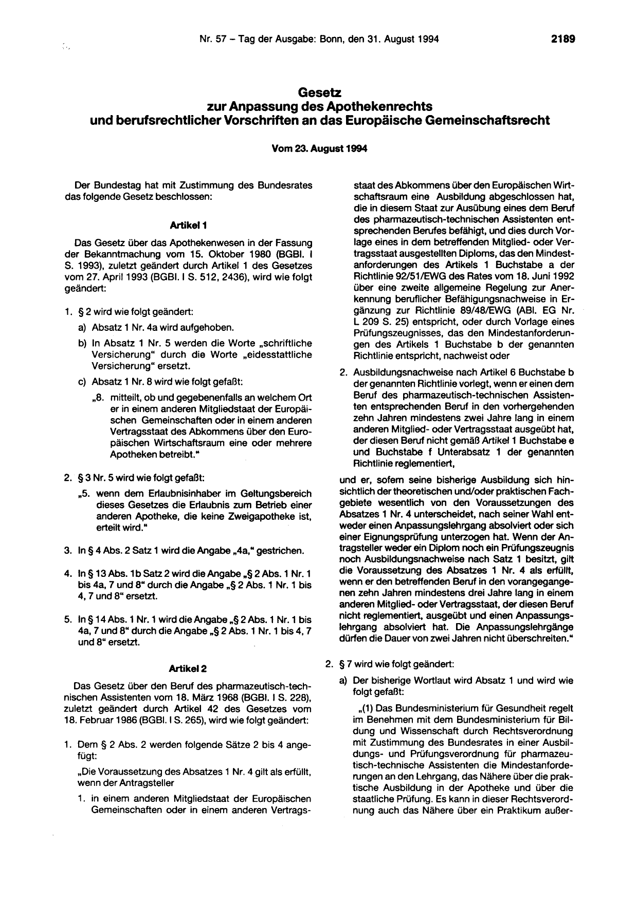 BGBl. 1994, Seite 2189 — Originalseite als Abbildung