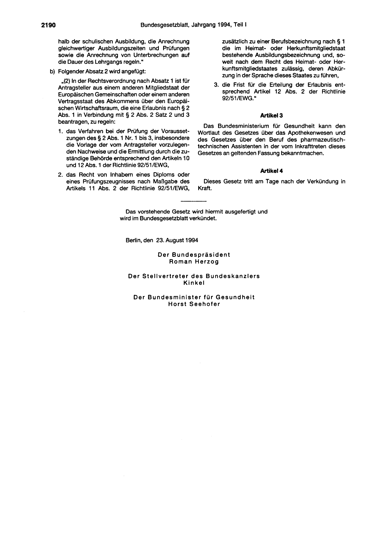 BGBl. 1994, Seite 2190 — Originalseite als Abbildung