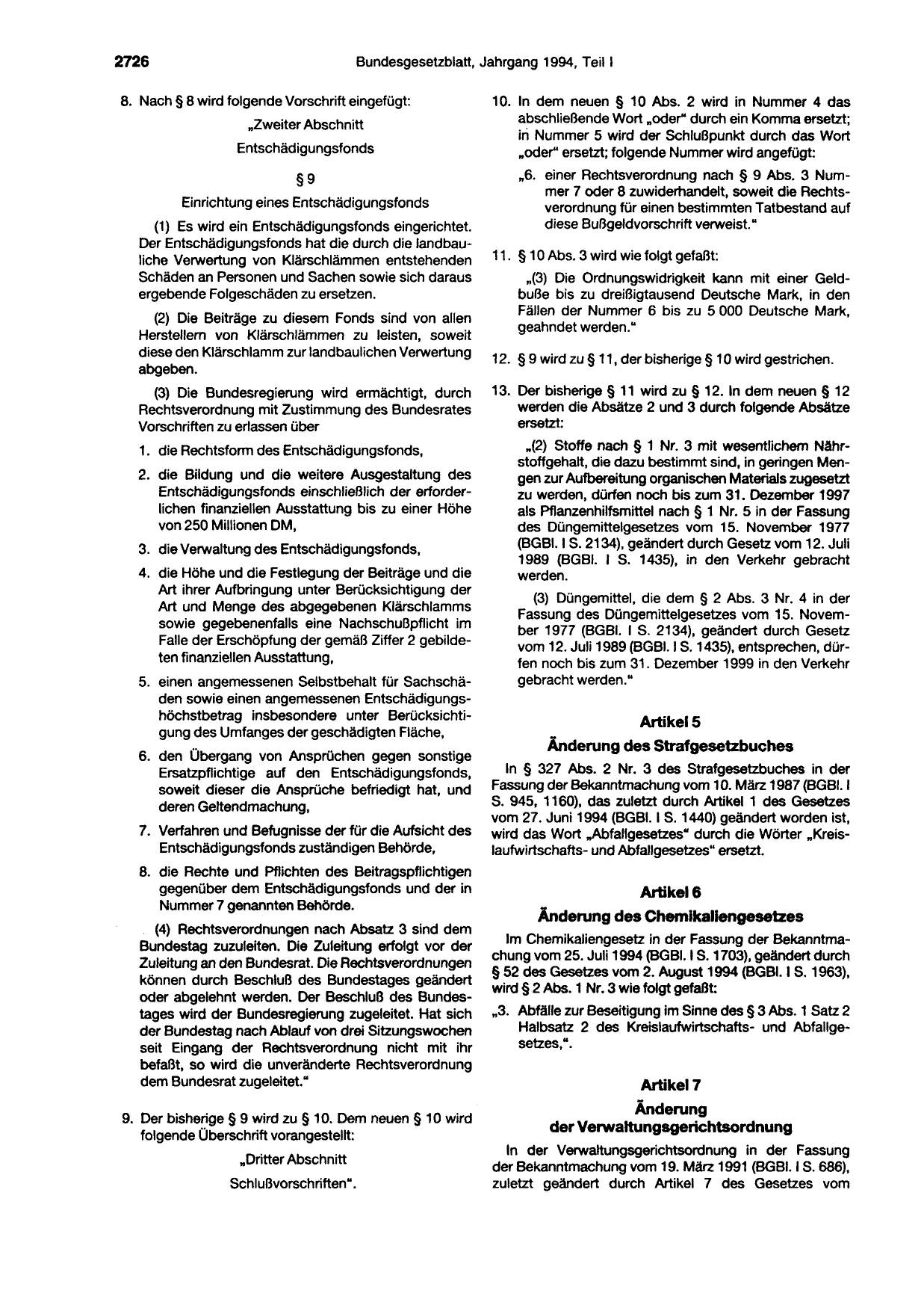 BGBl. 1994, Seite 2726 — Originalseite als Abbildung