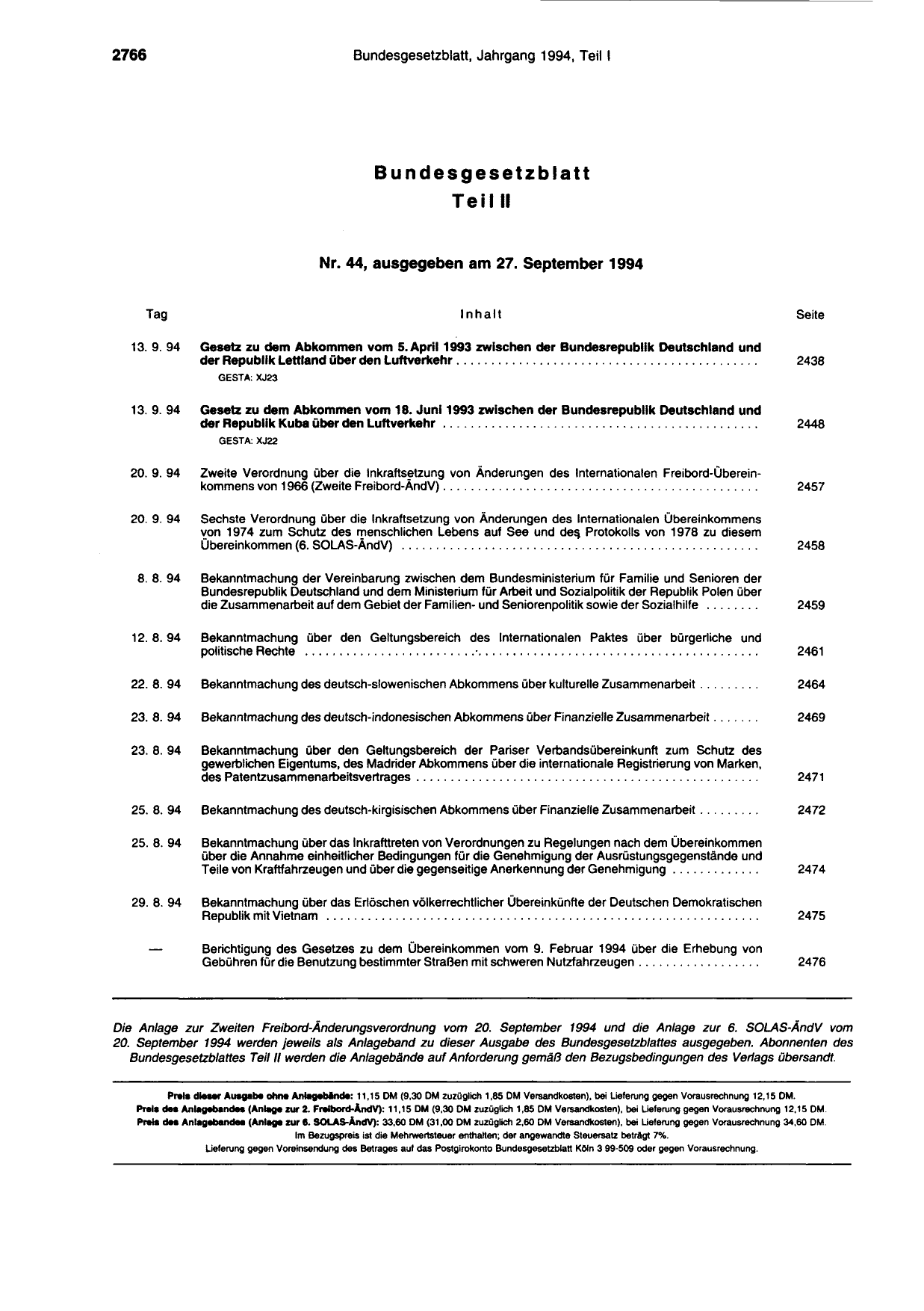 BGBl. 1994, Seite 2766 — Originalseite als Abbildung