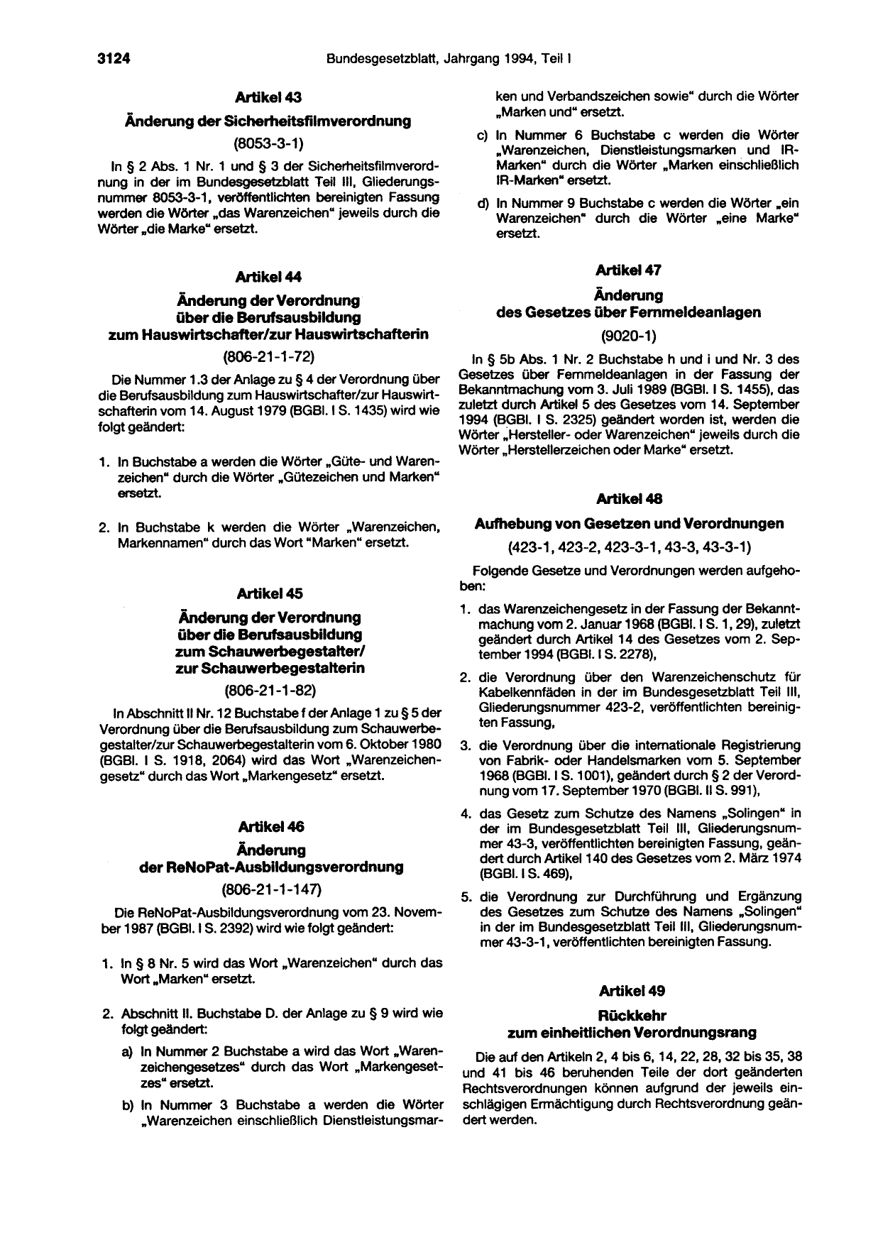 BGBl. 1994, Seite 3124 — Originalseite als Abbildung