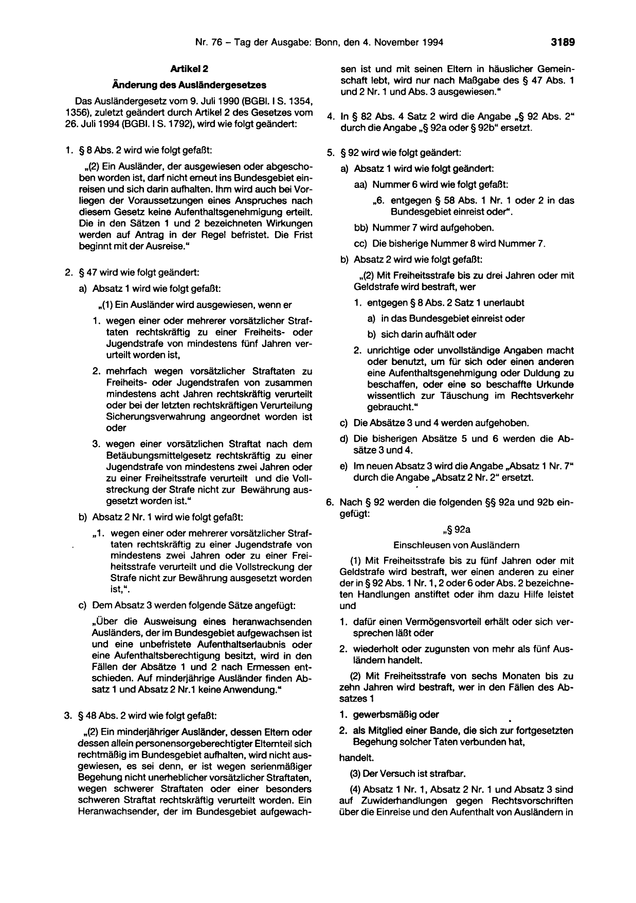 BGBl. 1994, Seite 3189 — Originalseite als Abbildung