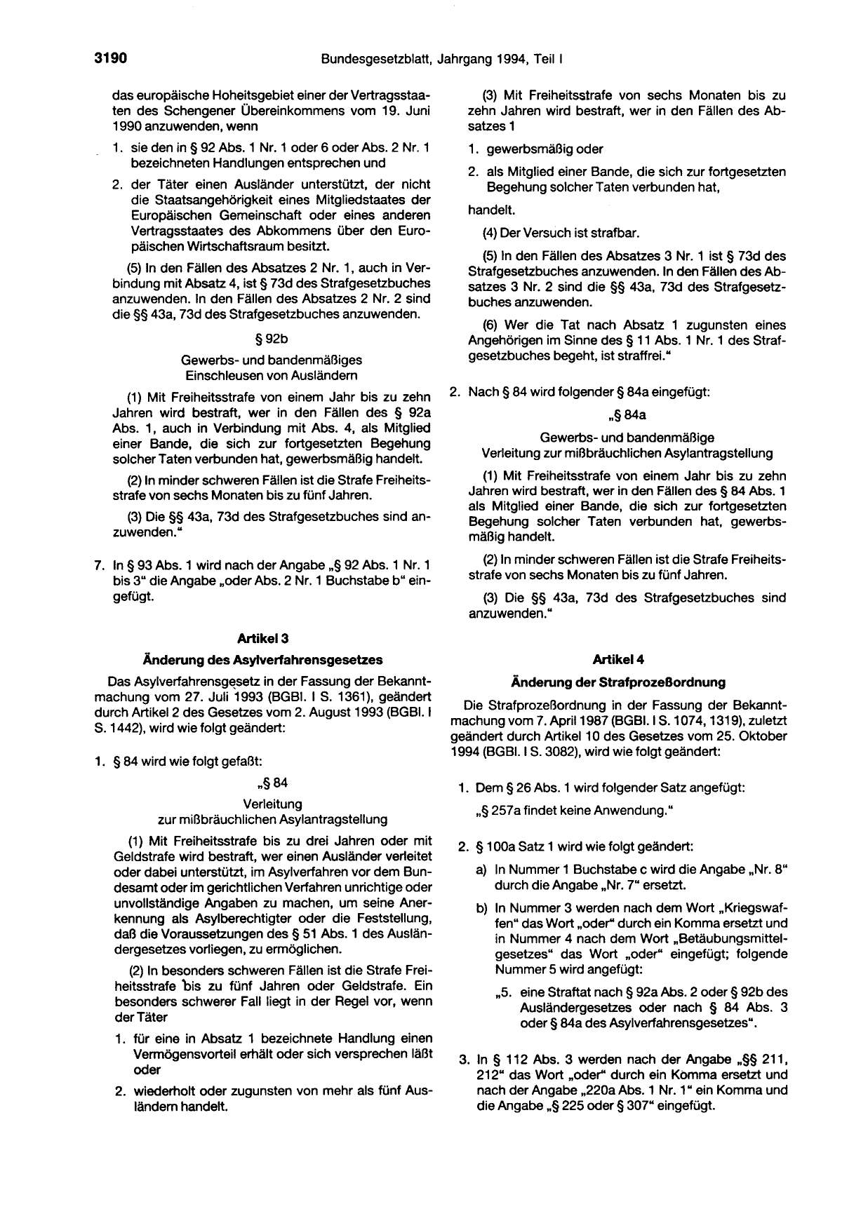 BGBl. 1994, Seite 3190 — Originalseite als Abbildung
