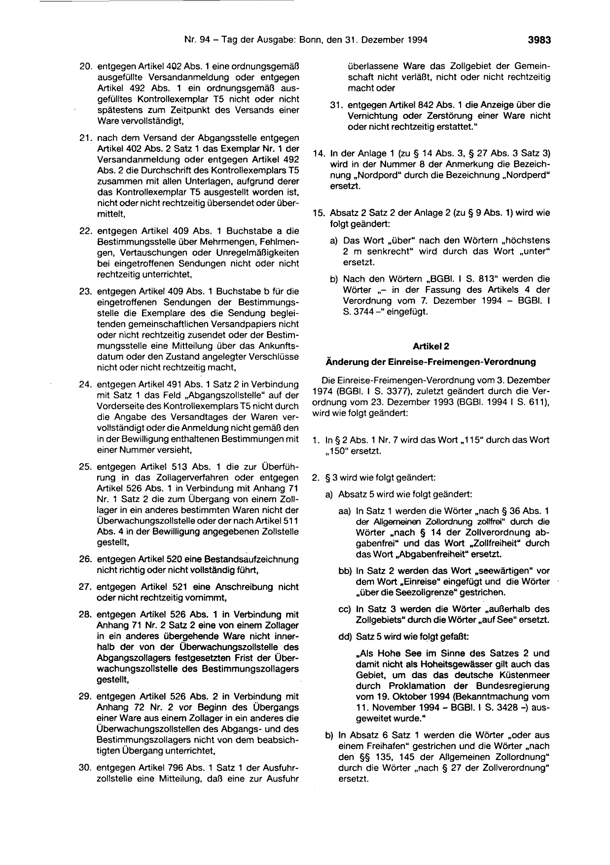 BGBl. 1994, Seite 3983 — Originalseite als Abbildung