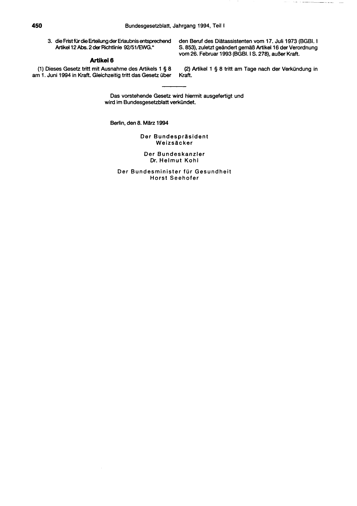 BGBl. 1994, Seite 450 — Originalseite als Abbildung