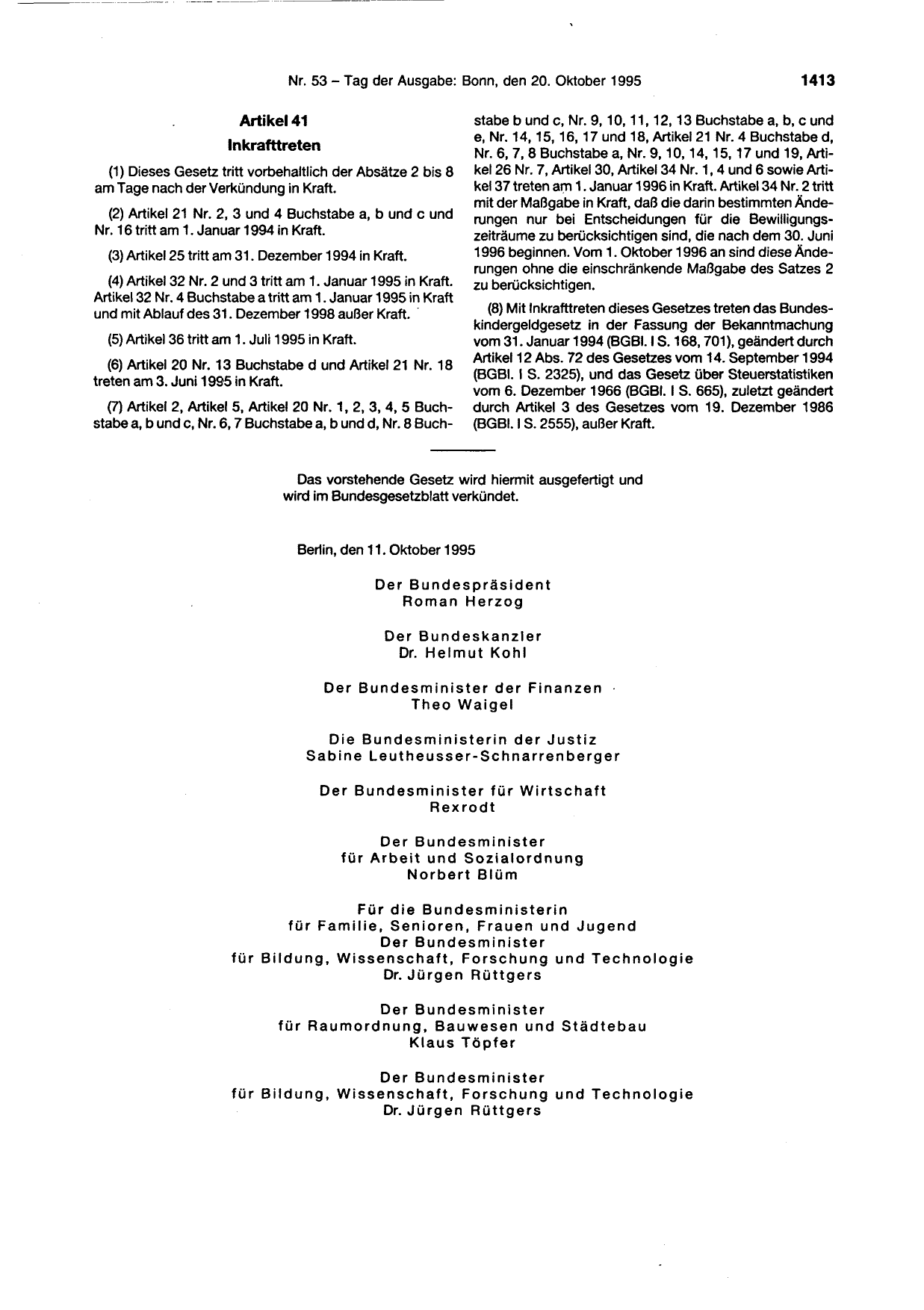 BGBl. 1995, Seite 1413 — Originalseite als Abbildung