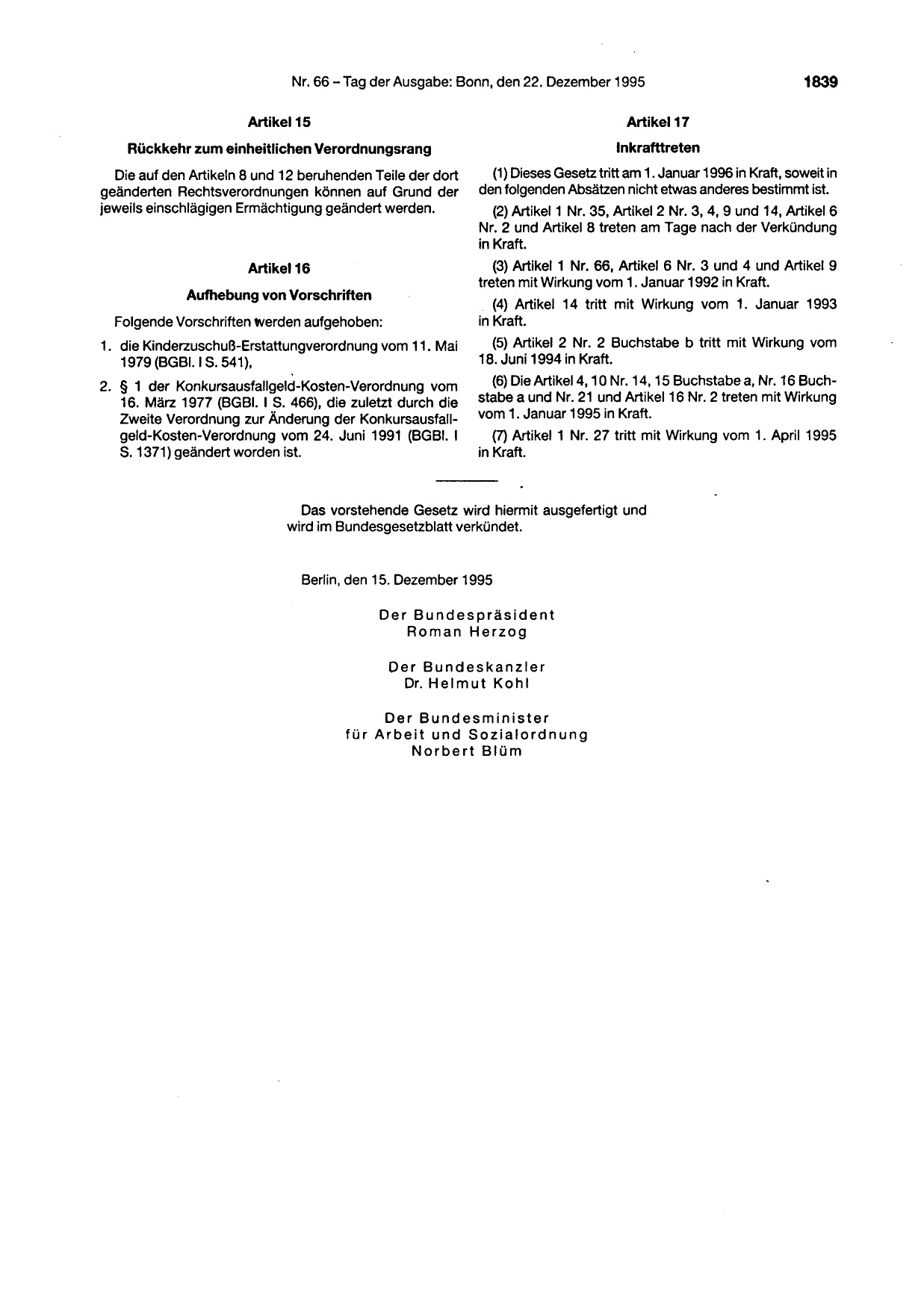 BGBl. 1995, Seite 1839 — Originalseite als Abbildung