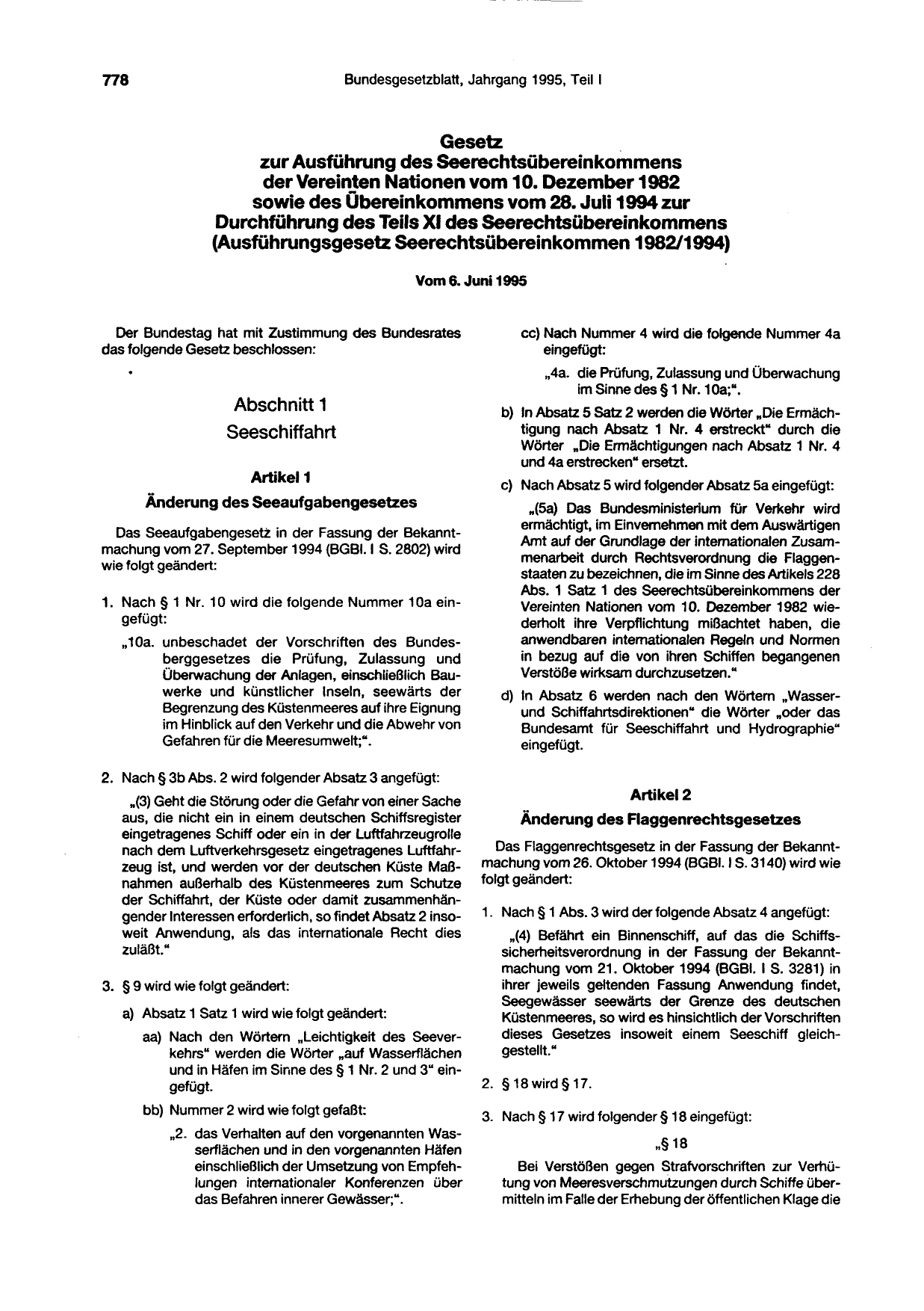 BGBl. 1995, Seite 778 — Originalseite als Abbildung