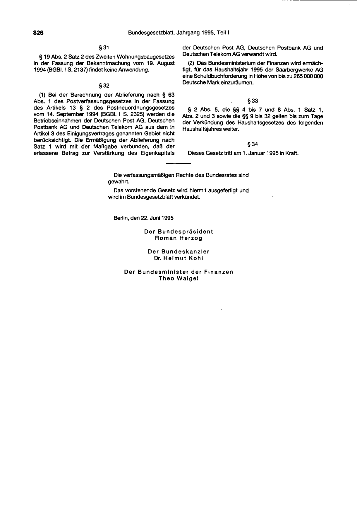 BGBl. 1995, Seite 826 — Originalseite als Abbildung