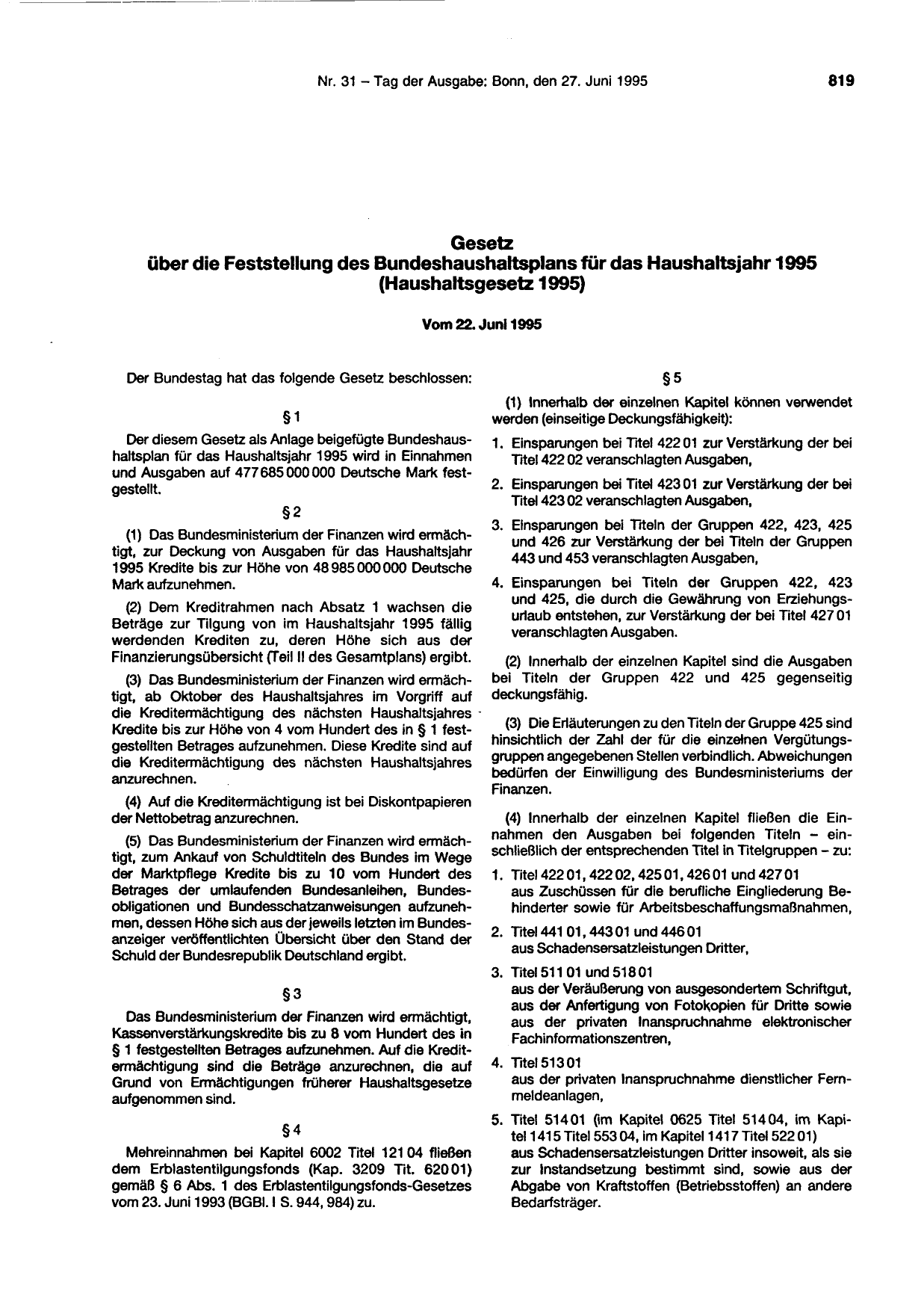 BGBl. 1995, Seite 819 — Originalseite als Abbildung