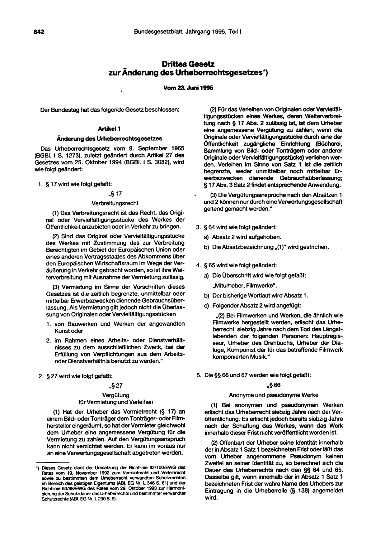 BGBl. 1995, Seite 842 — Originalseite als Abbildung