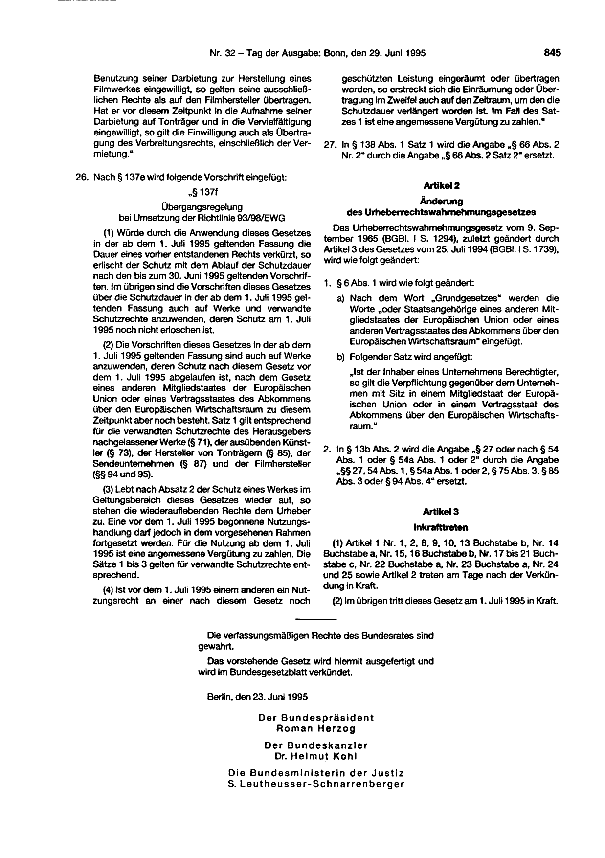 BGBl. 1995, Seite 845 — Originalseite als Abbildung
