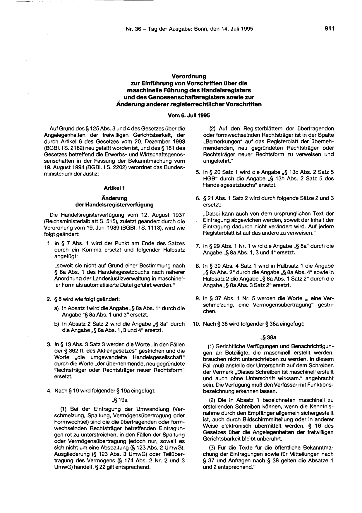 BGBl. 1995, Seite 911 — Originalseite als Abbildung