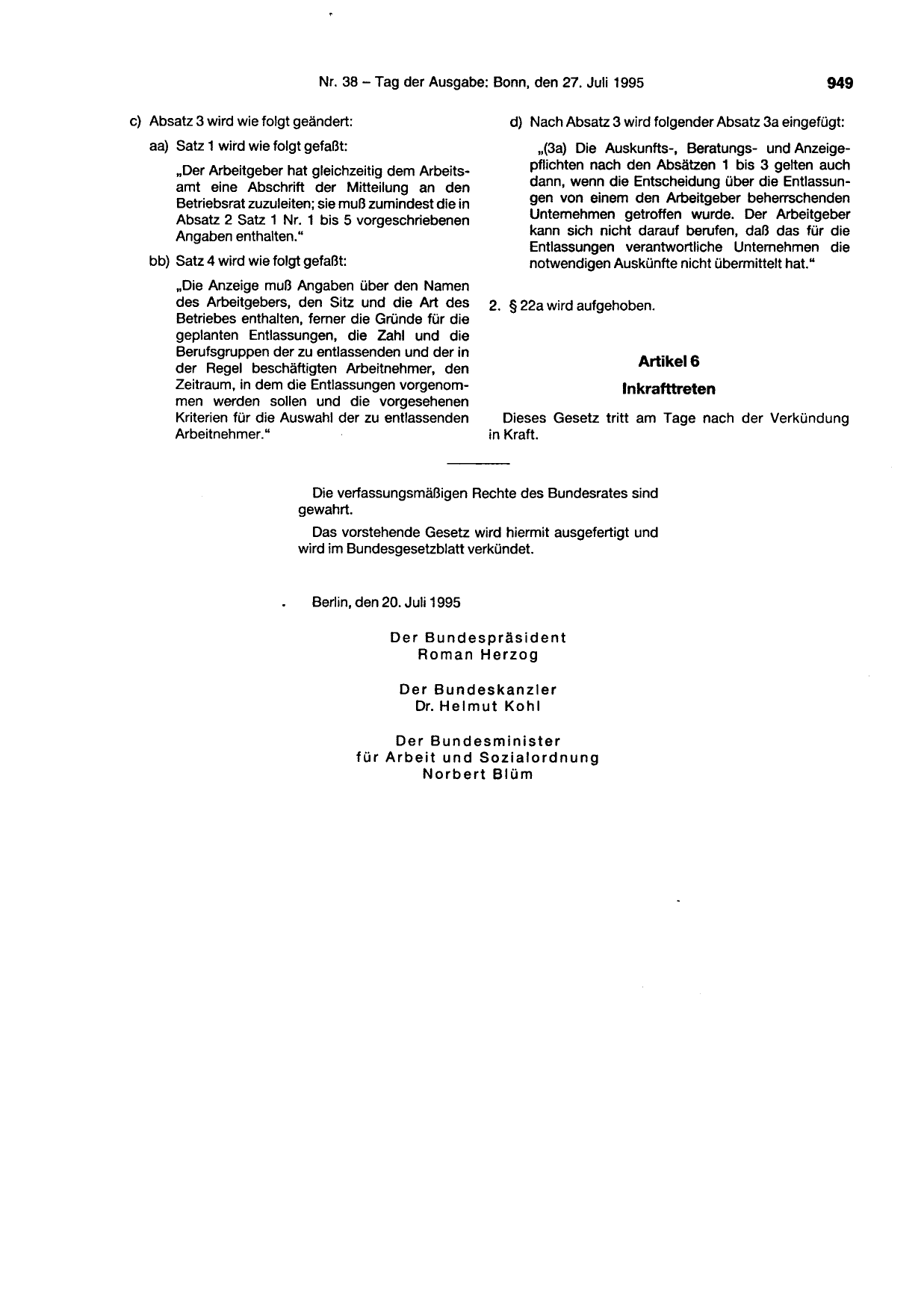 BGBl. 1995, Seite 949 — Originalseite als Abbildung