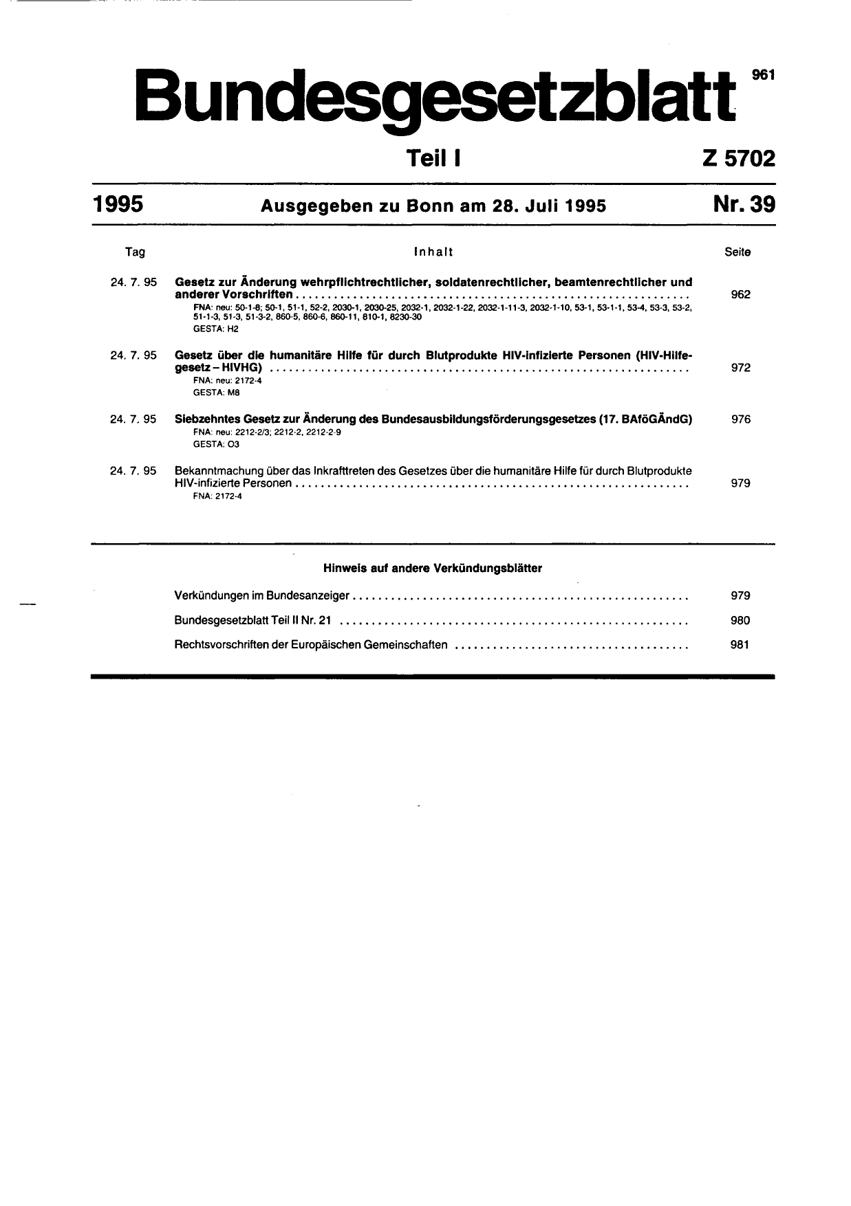 BGBl. 1995, Seite 1 — Originalseite als Abbildung