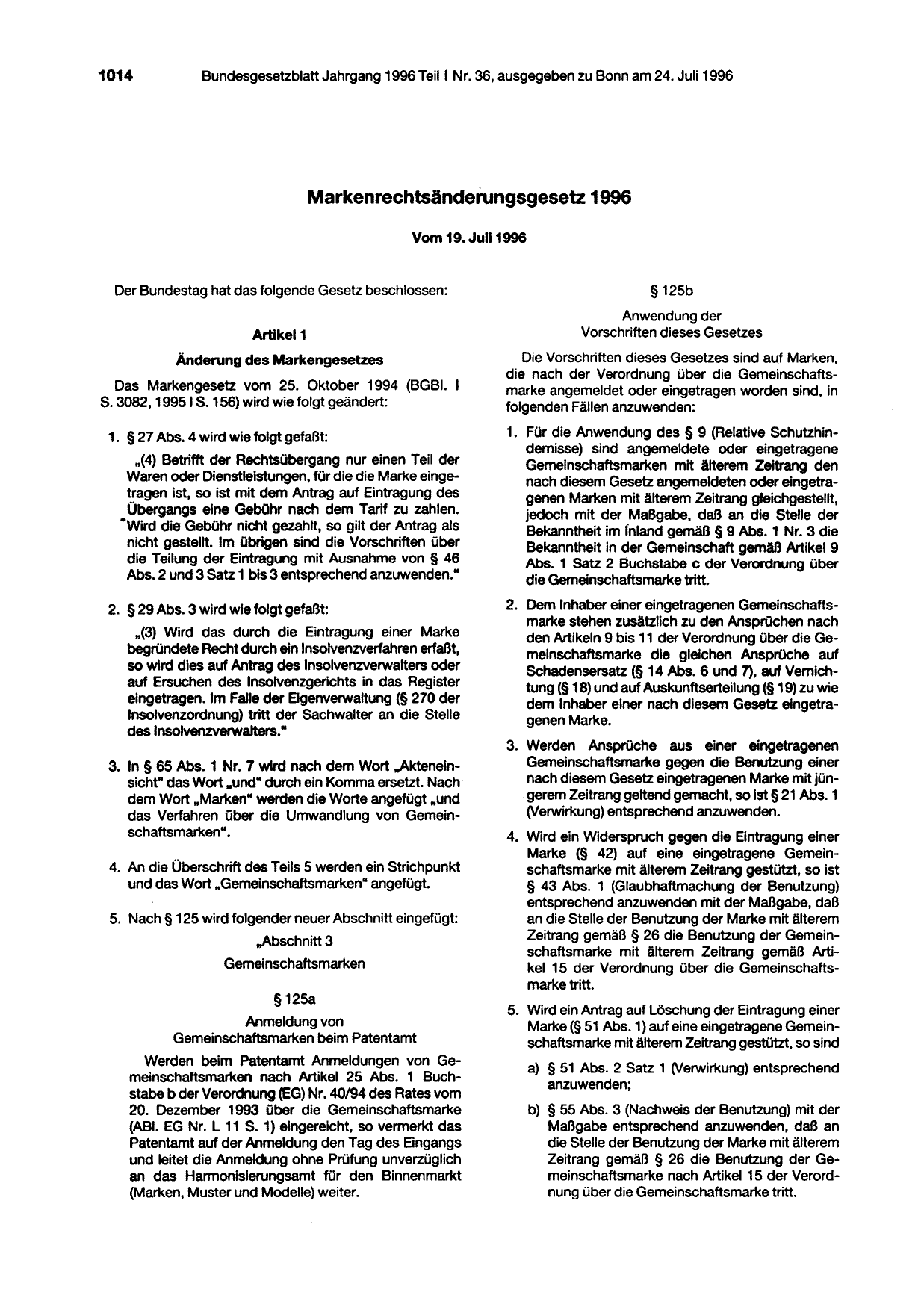 BGBl. 1996, Seite 1014 — Originalseite als Abbildung