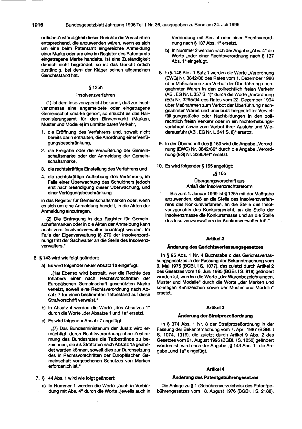 BGBl. 1996, Seite 1016 — Originalseite als Abbildung