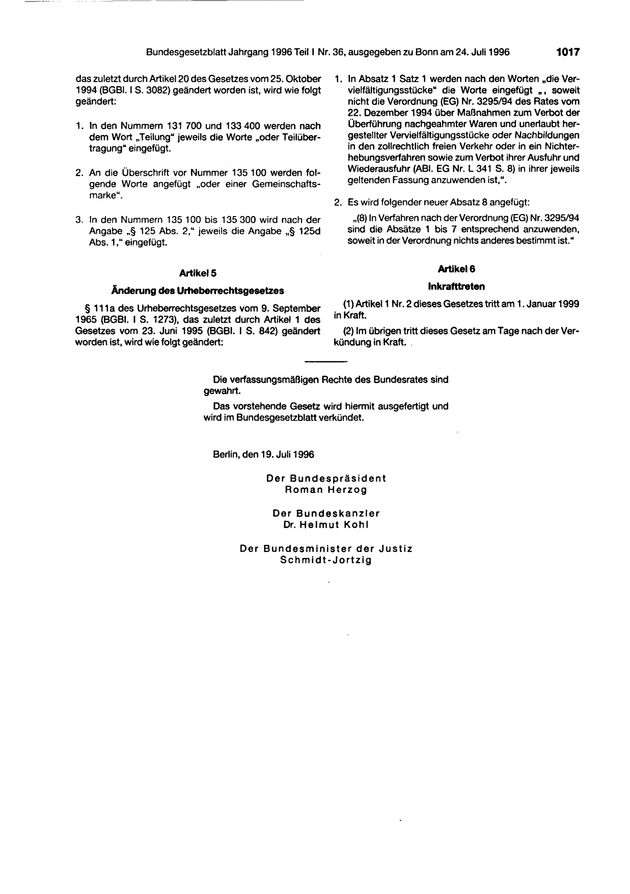 BGBl. 1996, Seite 1017 — Originalseite als Abbildung