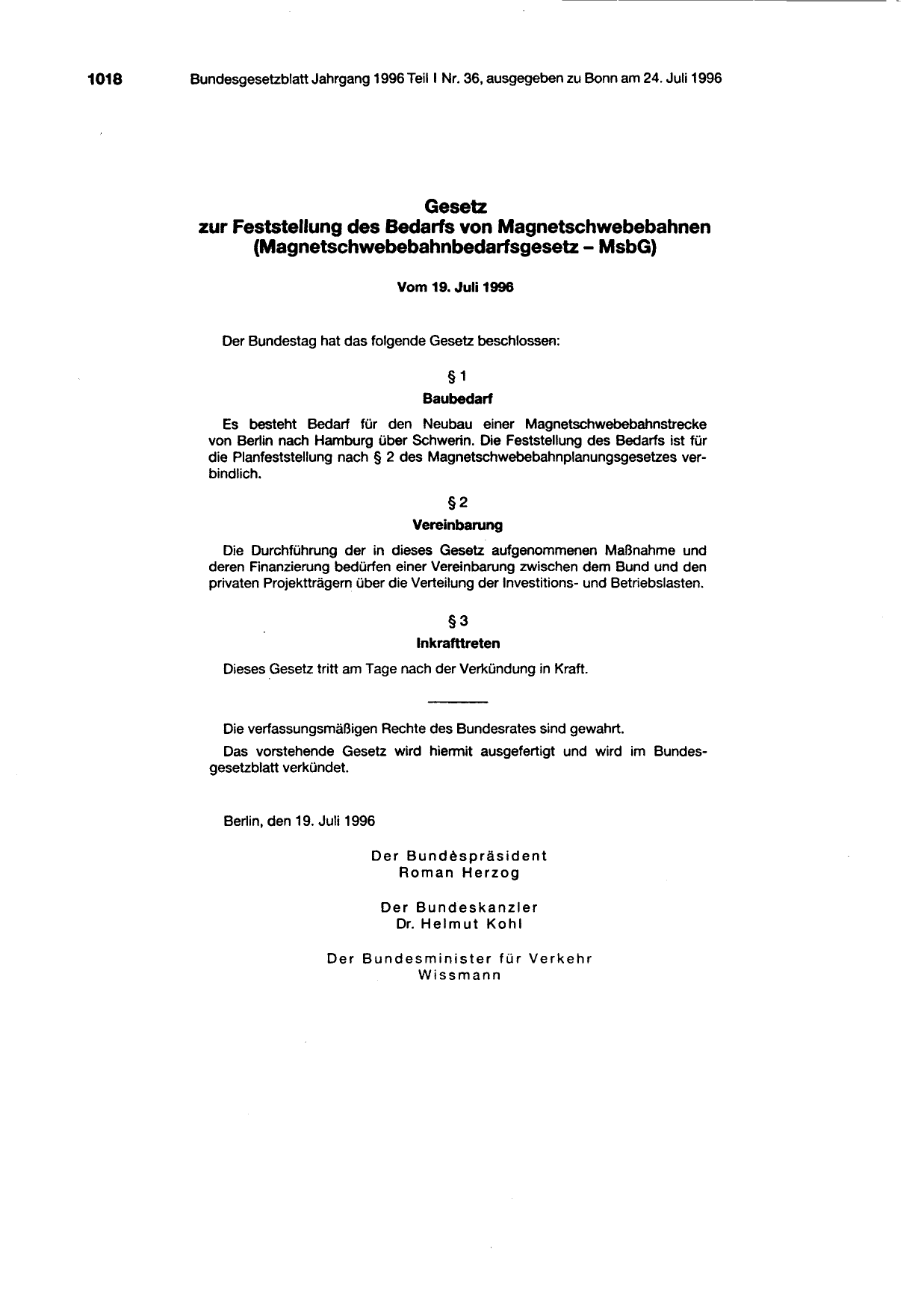 BGBl. 1996, Seite 1018 — Originalseite als Abbildung