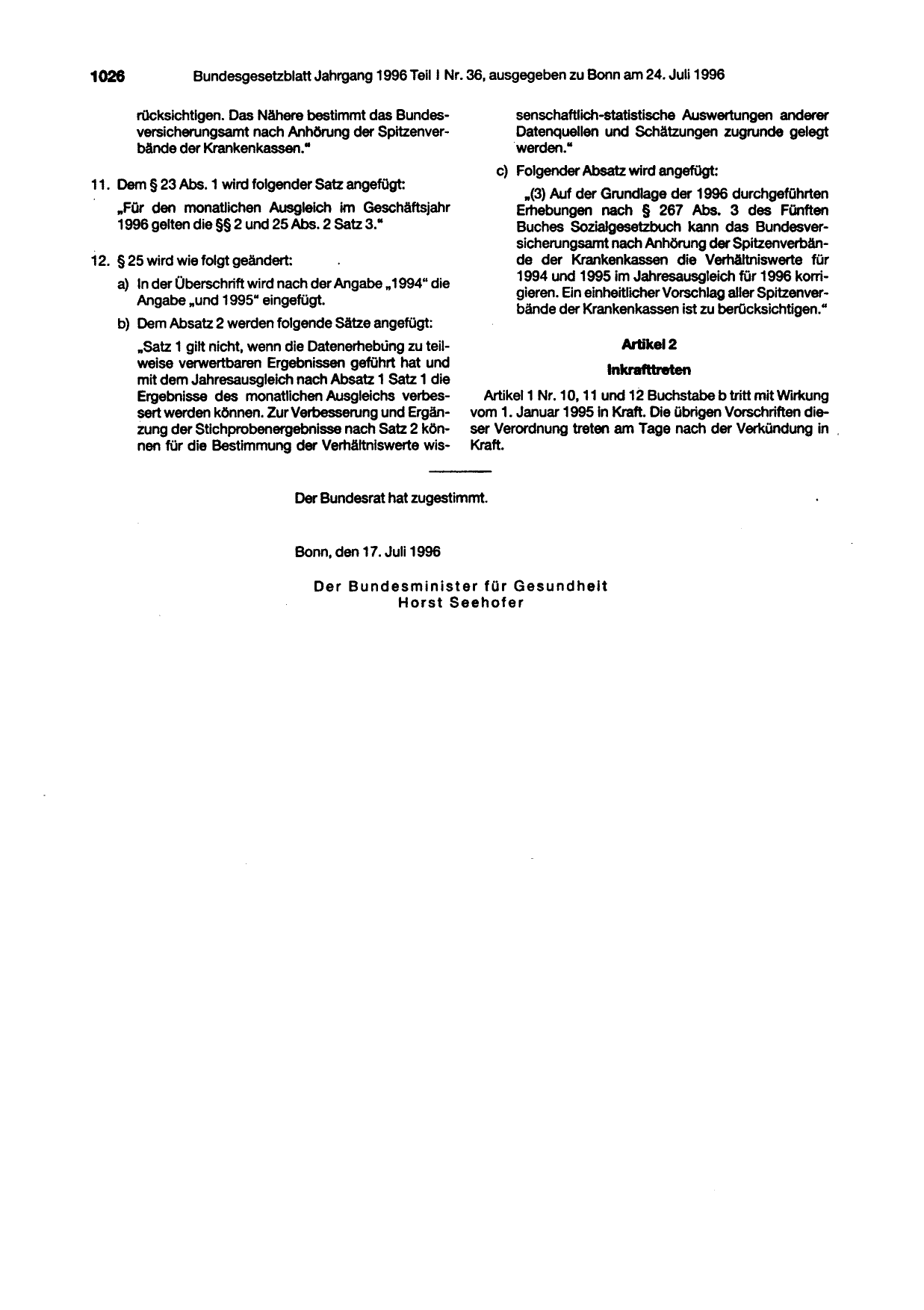 BGBl. 1996, Seite 1026 — Originalseite als Abbildung