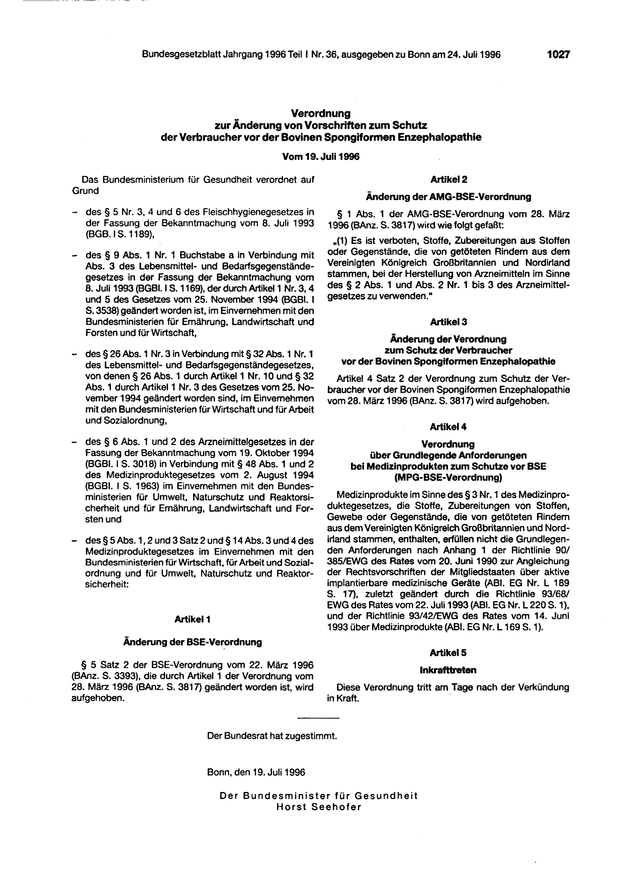 BGBl. 1996, Seite 1027 — Originalseite als Abbildung