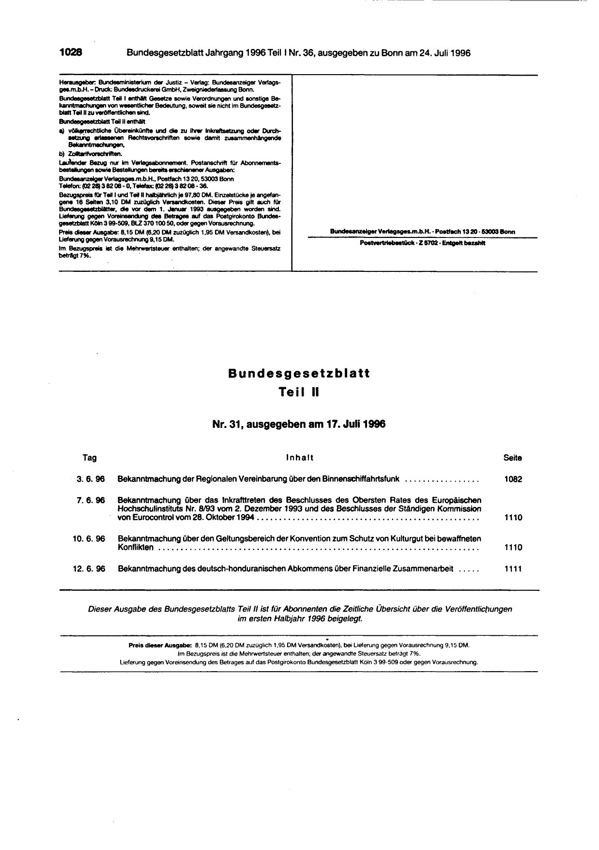 BGBl. 1996, Seite 1028 — Originalseite als Abbildung