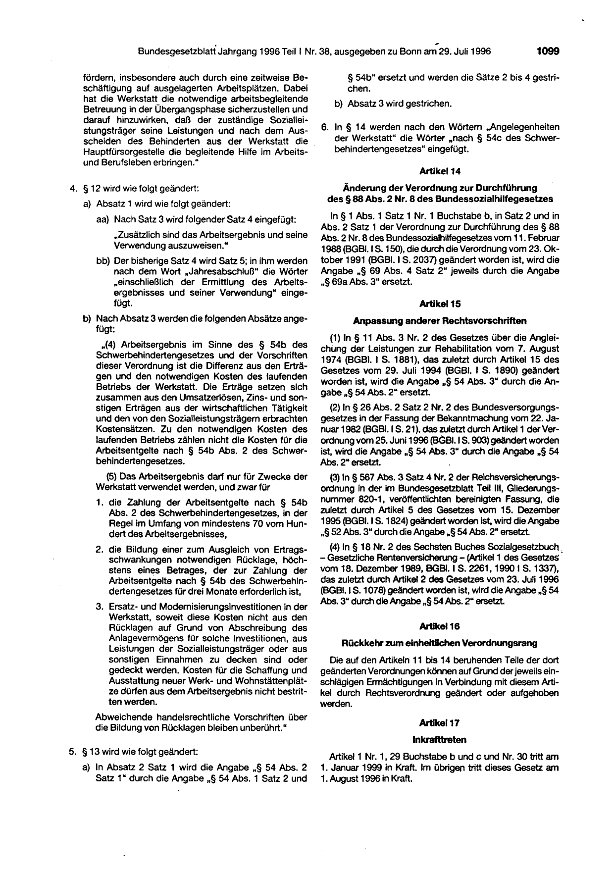 BGBl. 1996, Seite 1099 — Originalseite als Abbildung