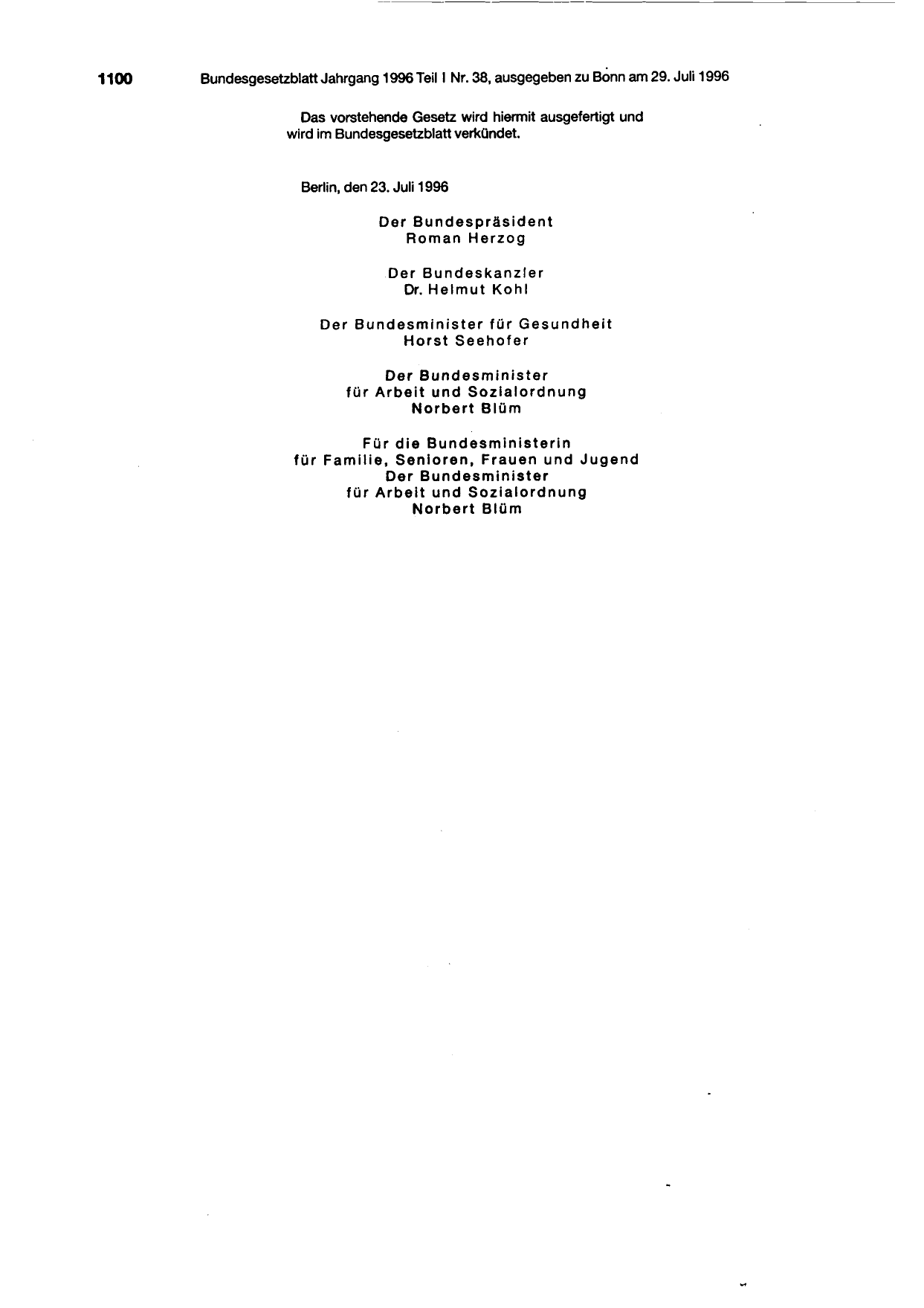 BGBl. 1996, Seite 1100 — Originalseite als Abbildung