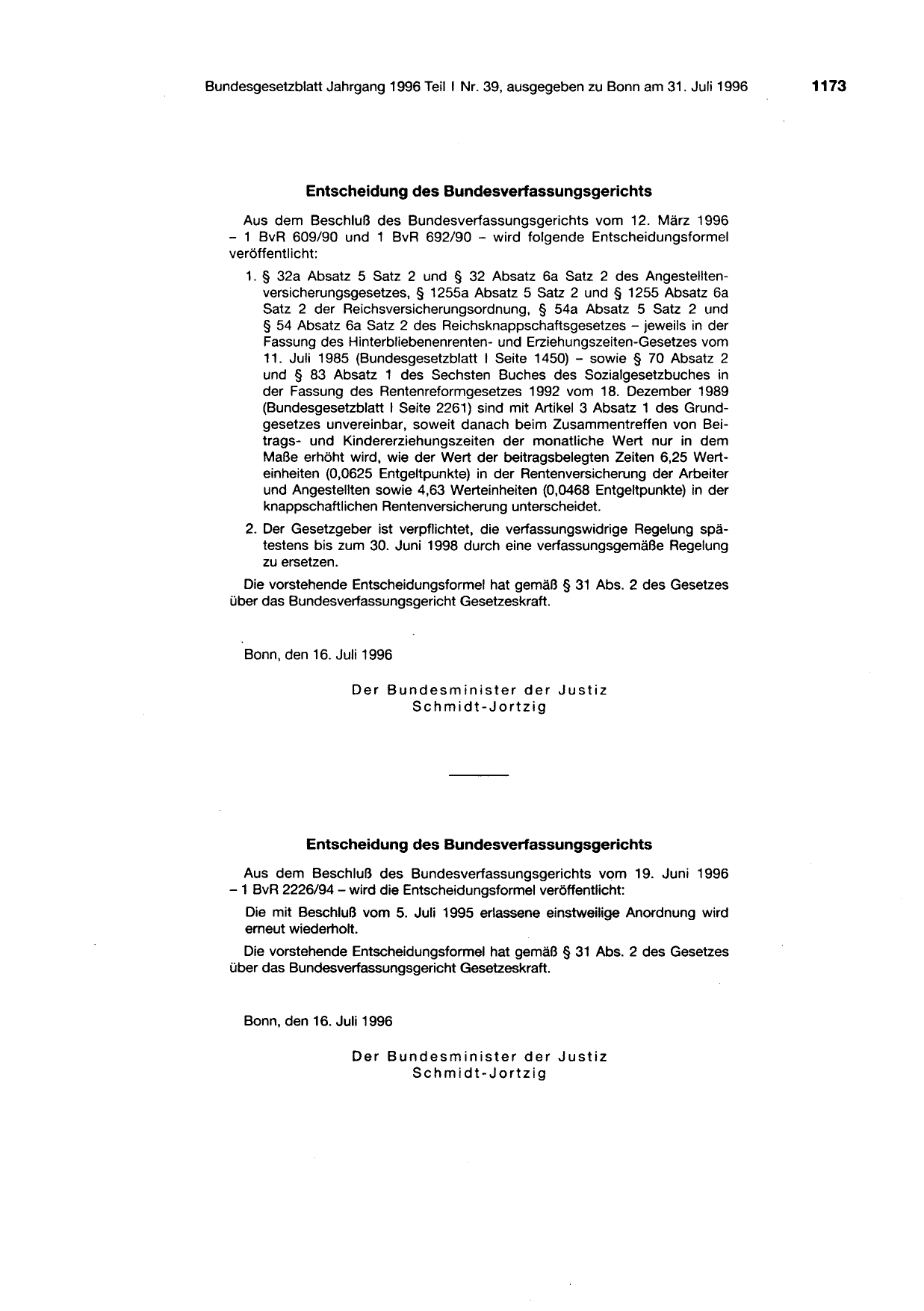 BGBl. 1996, Seite 1173 — Originalseite als Abbildung