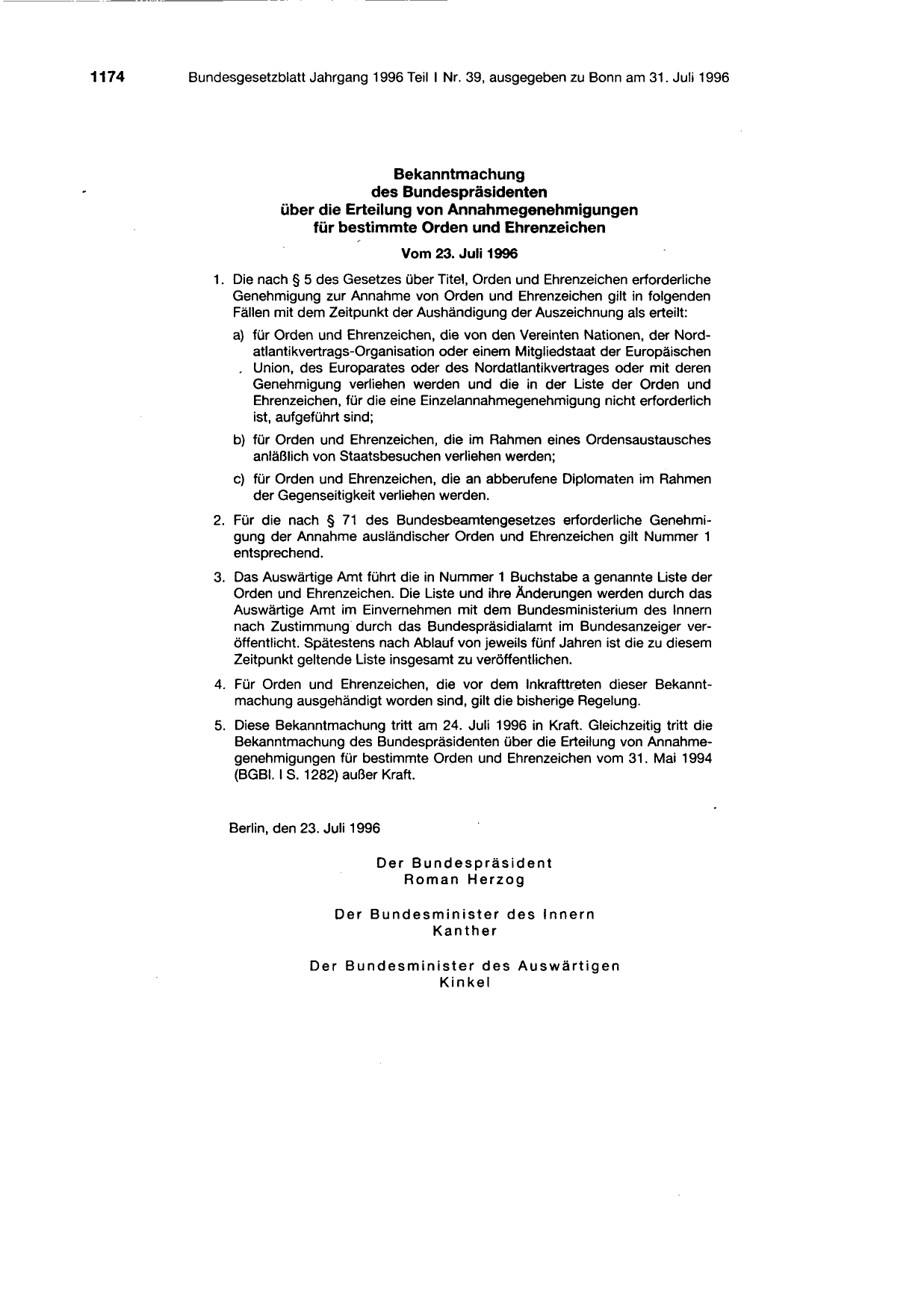 BGBl. 1996, Seite 1174 — Originalseite als Abbildung