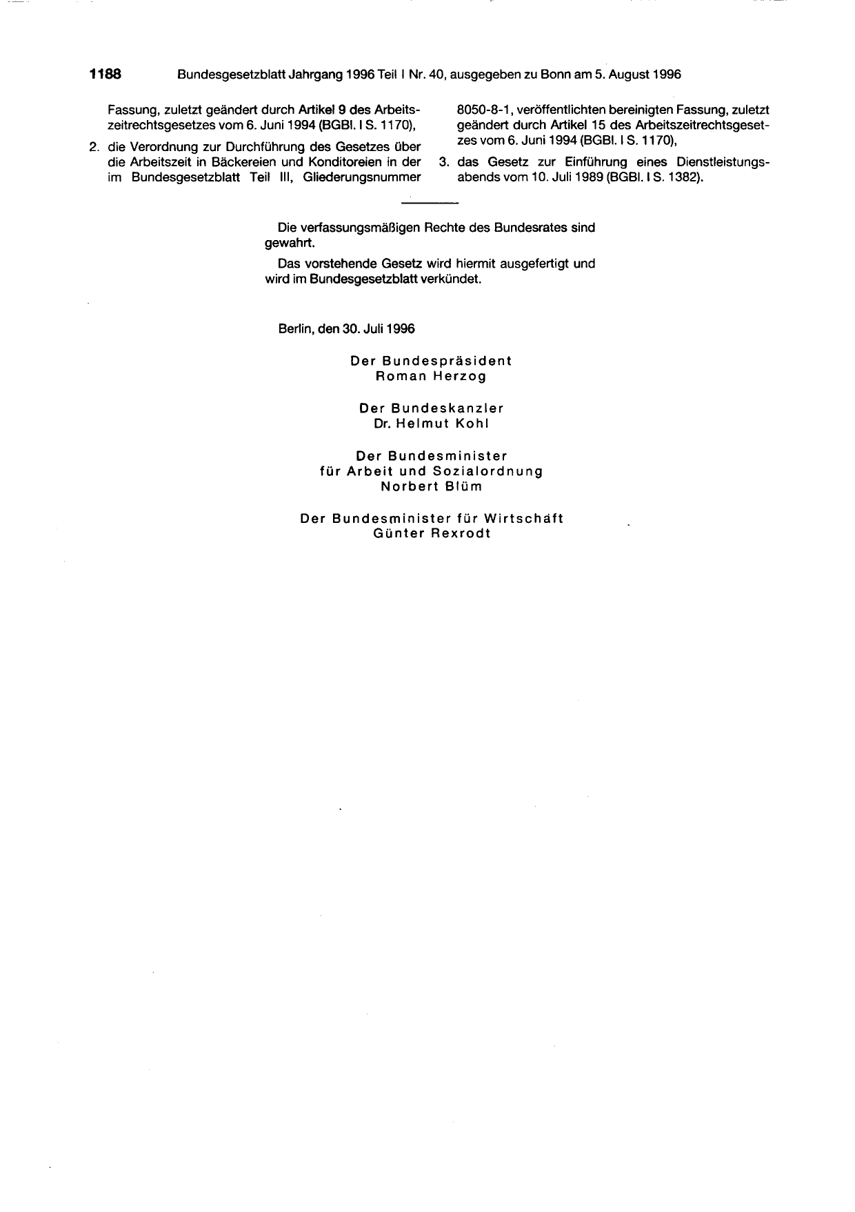 BGBl. 1996, Seite 1188 — Originalseite als Abbildung