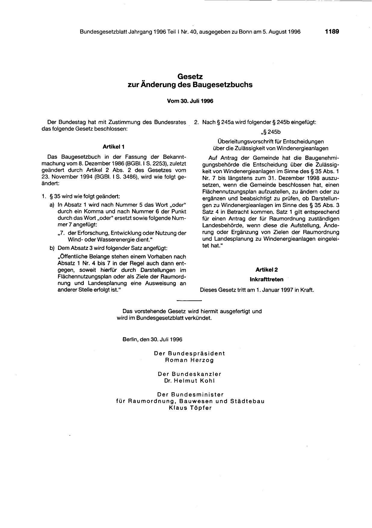 BGBl. 1996, Seite 1189 — Originalseite als Abbildung