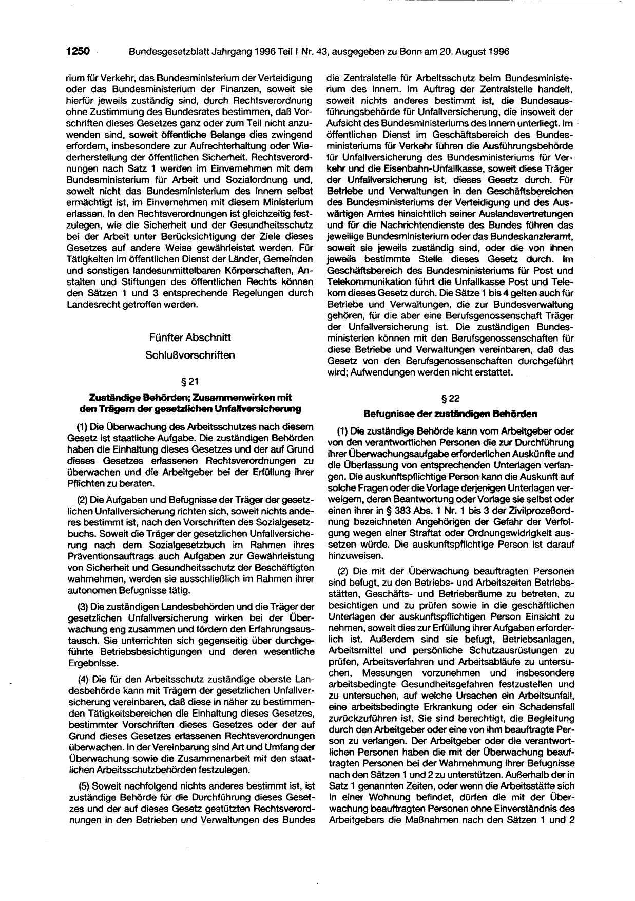 BGBl. 1996, Seite 1250 — Originalseite als Abbildung