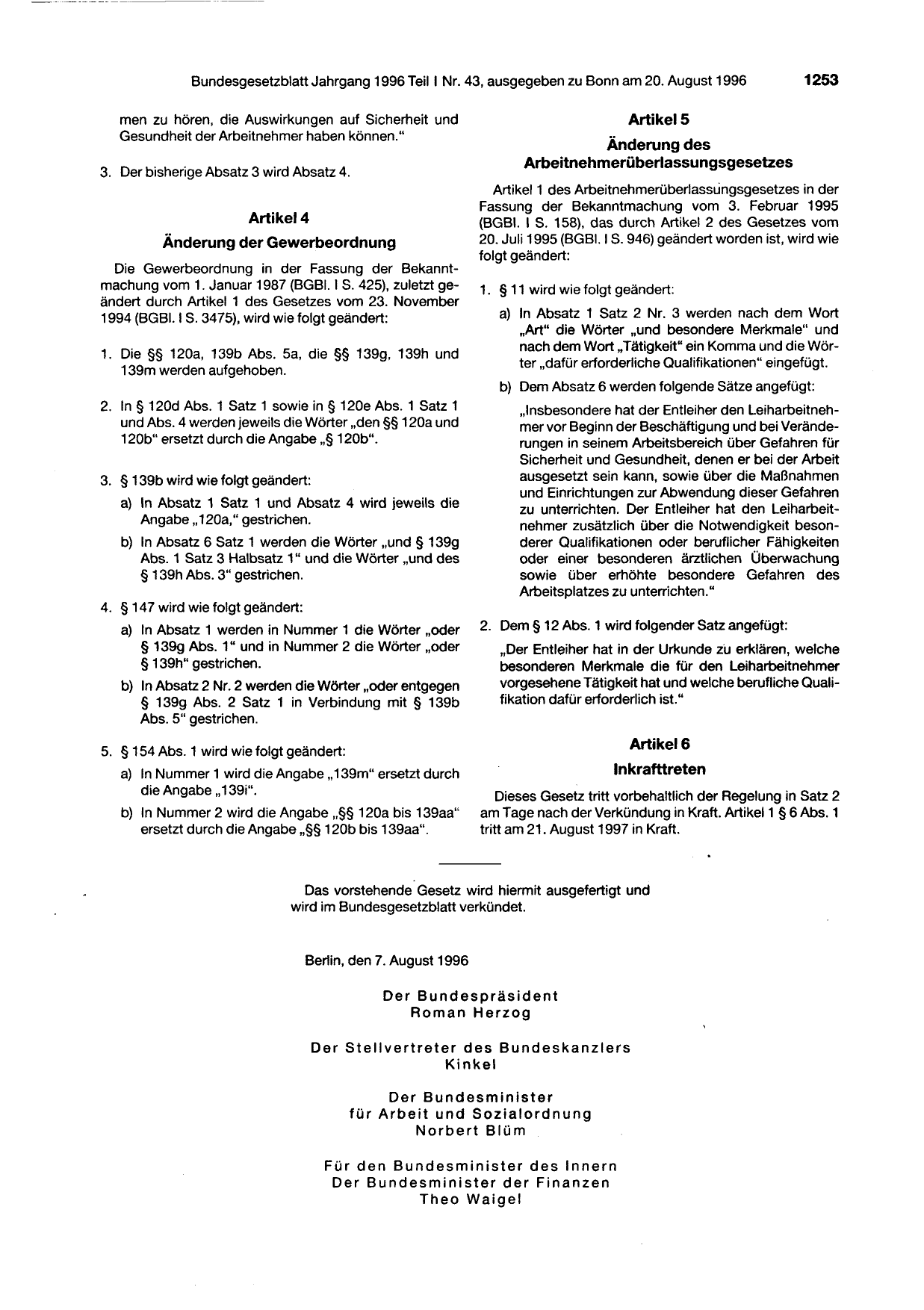 BGBl. 1996, Seite 1253 — Originalseite als Abbildung