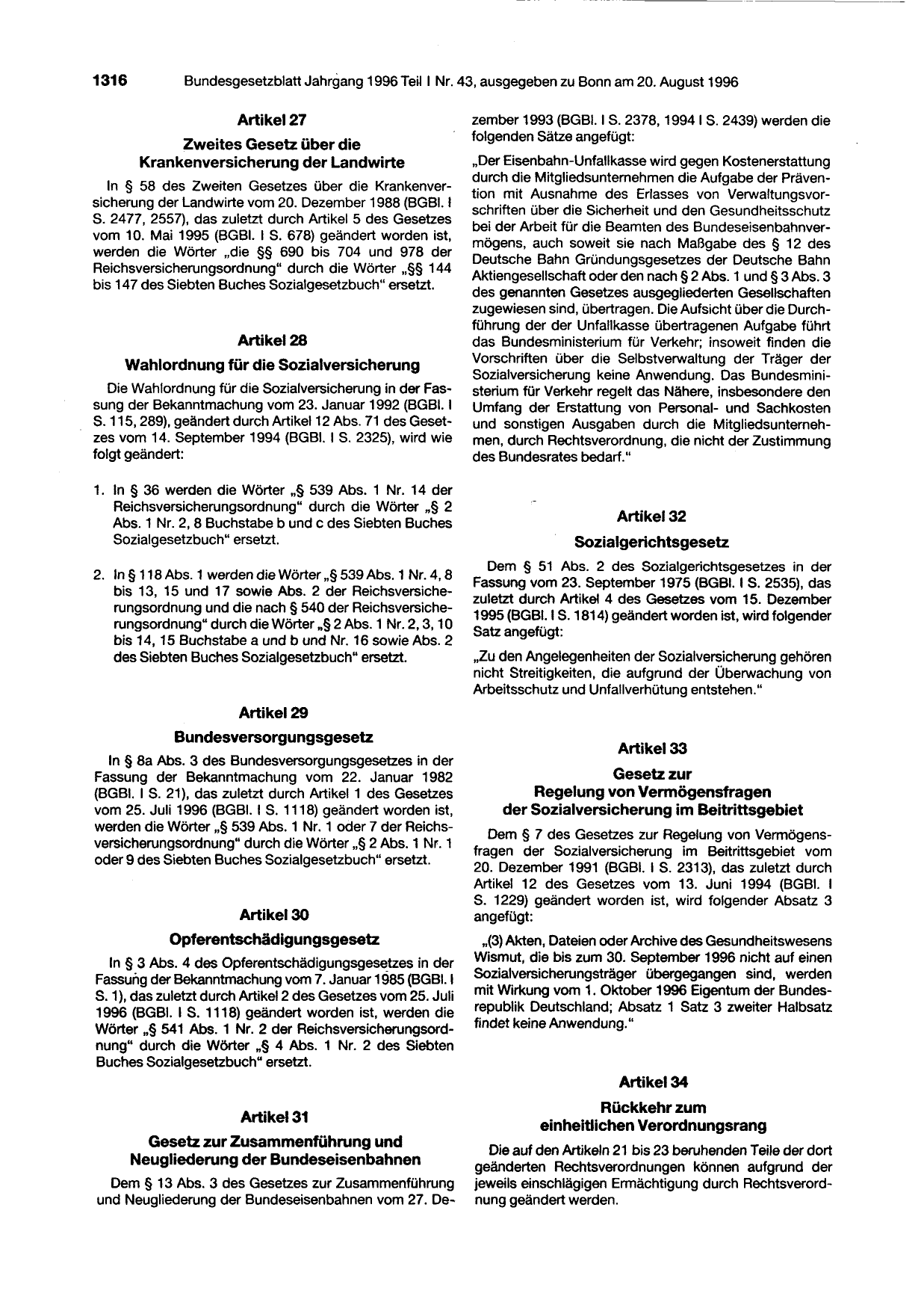 BGBl. 1996, Seite 1316 — Originalseite als Abbildung