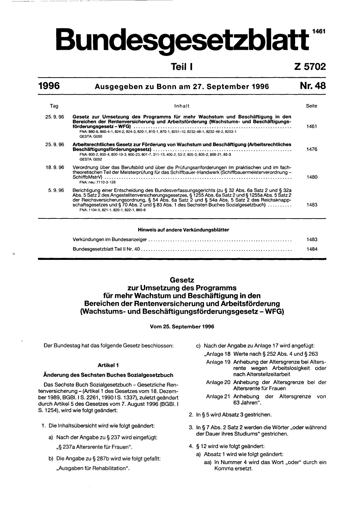 BGBl. 1996, Seite 1461 — Originalseite als Abbildung