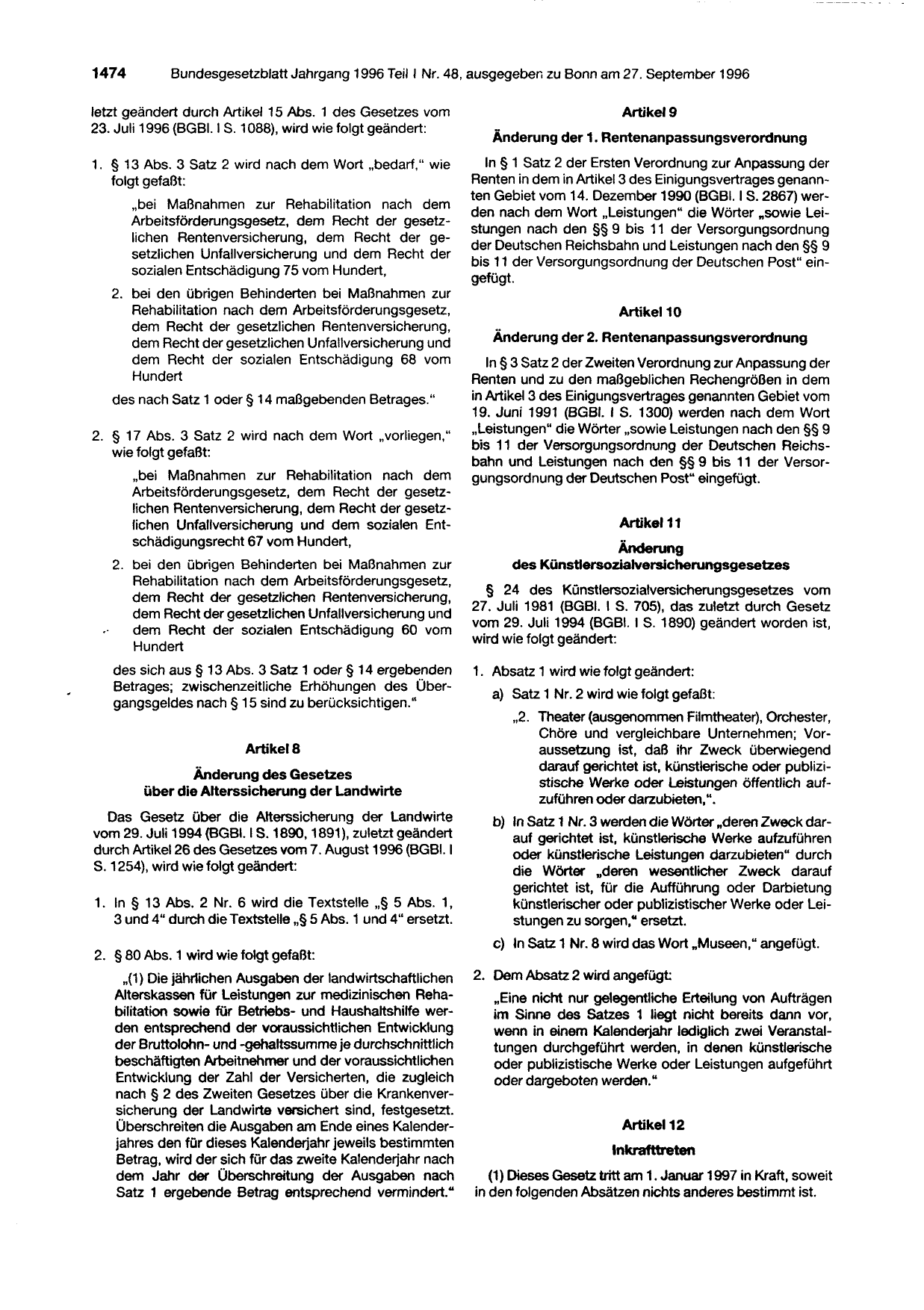 BGBl. 1996, Seite 1474 — Originalseite als Abbildung