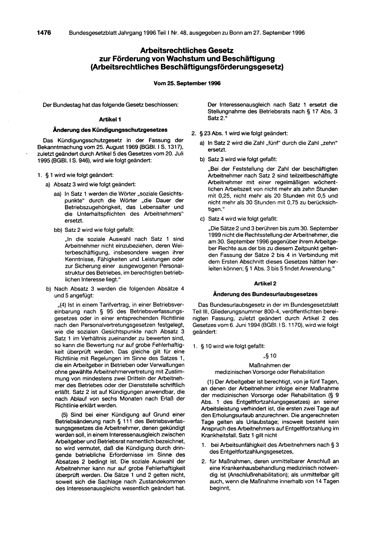 BGBl. 1996, Seite 1476 — Originalseite als Abbildung