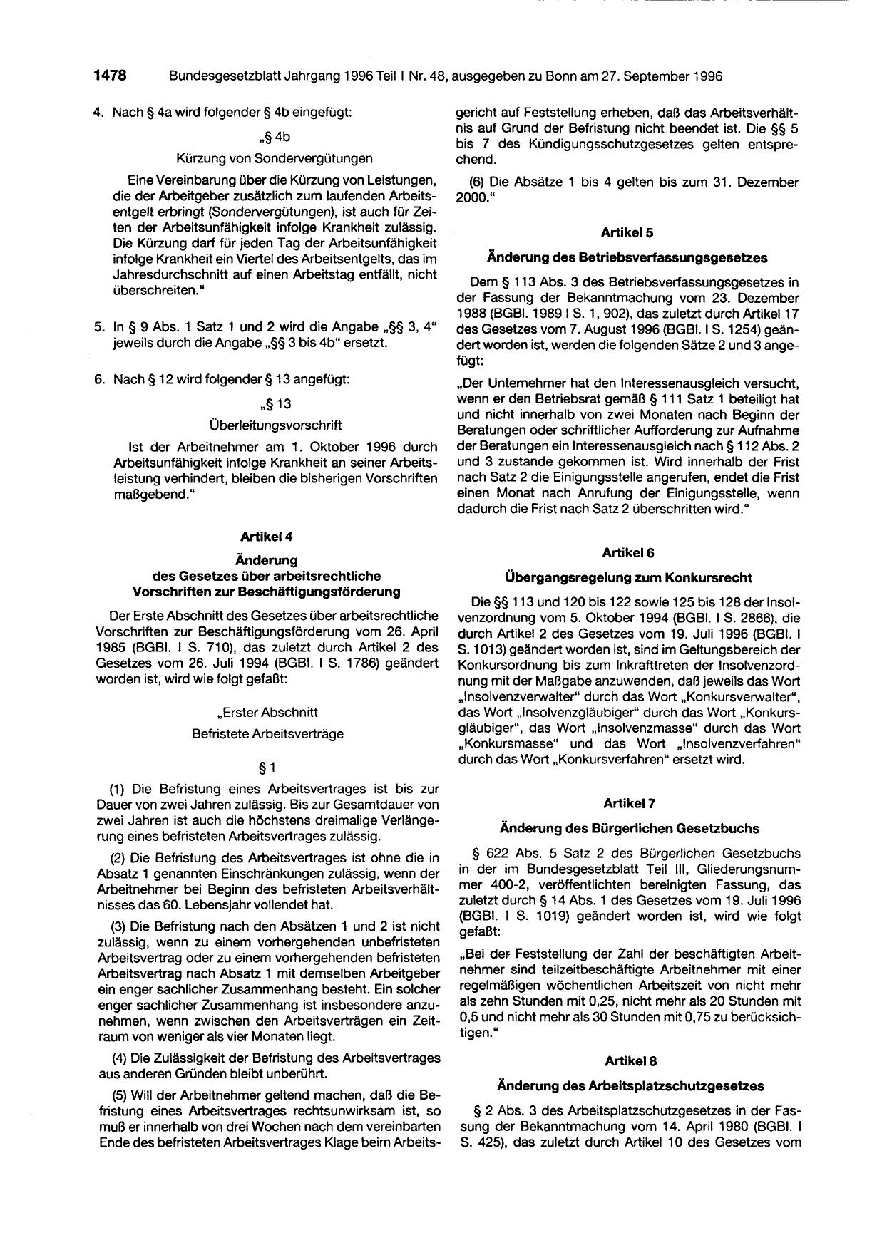 BGBl. 1996, Seite 1478 — Originalseite als Abbildung