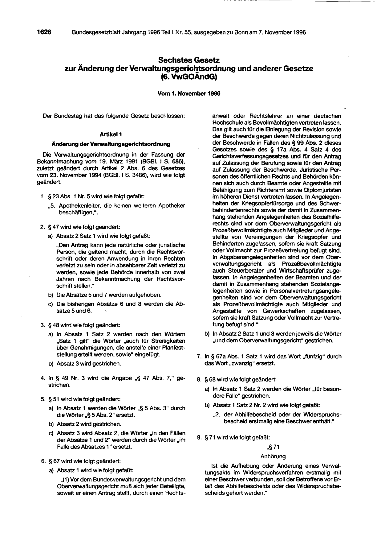 BGBl. 1996, Seite 1626 — Originalseite als Abbildung